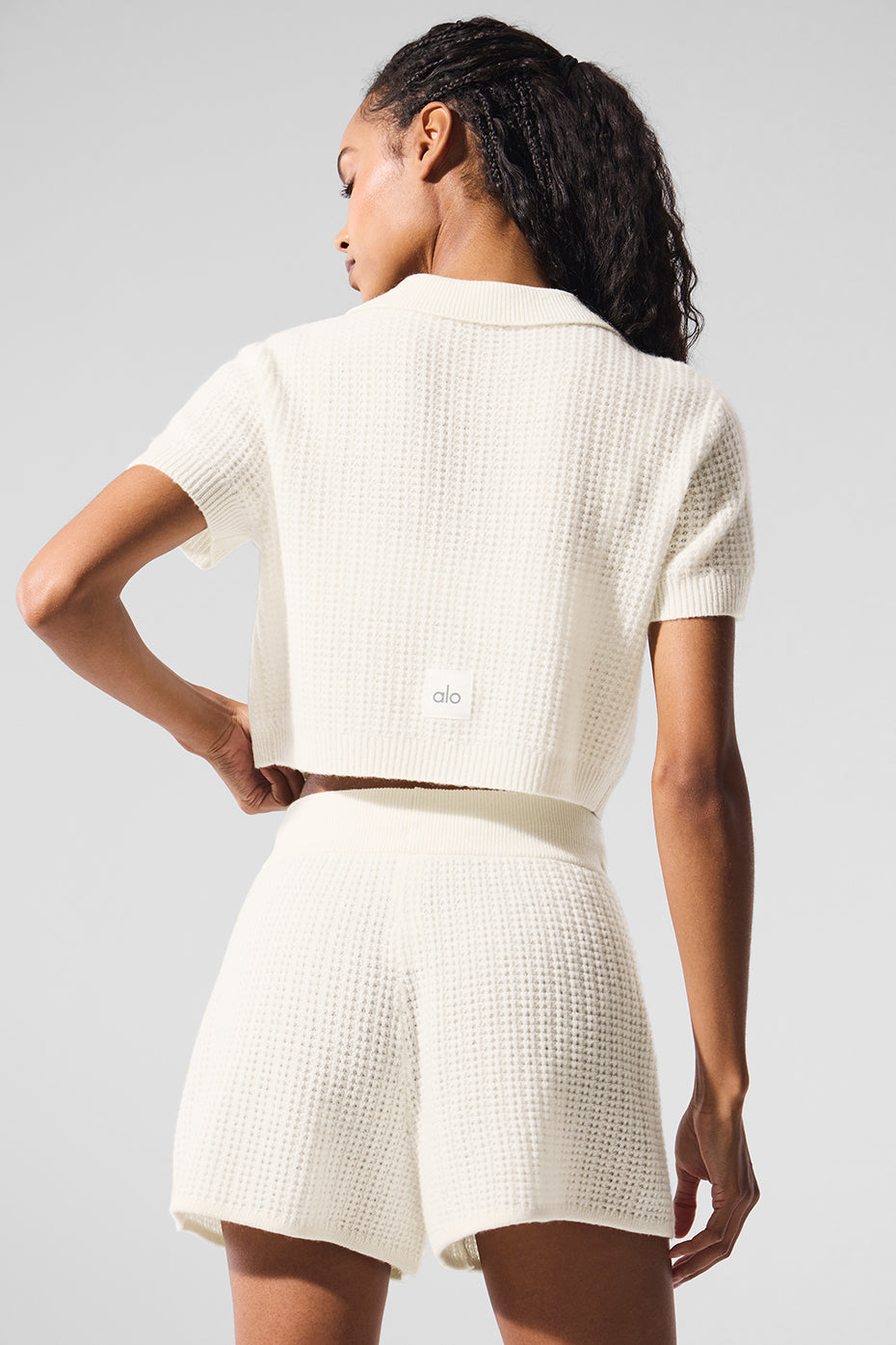 Cashmere Plush Waffle Polo Tee - Ivory — photo 3