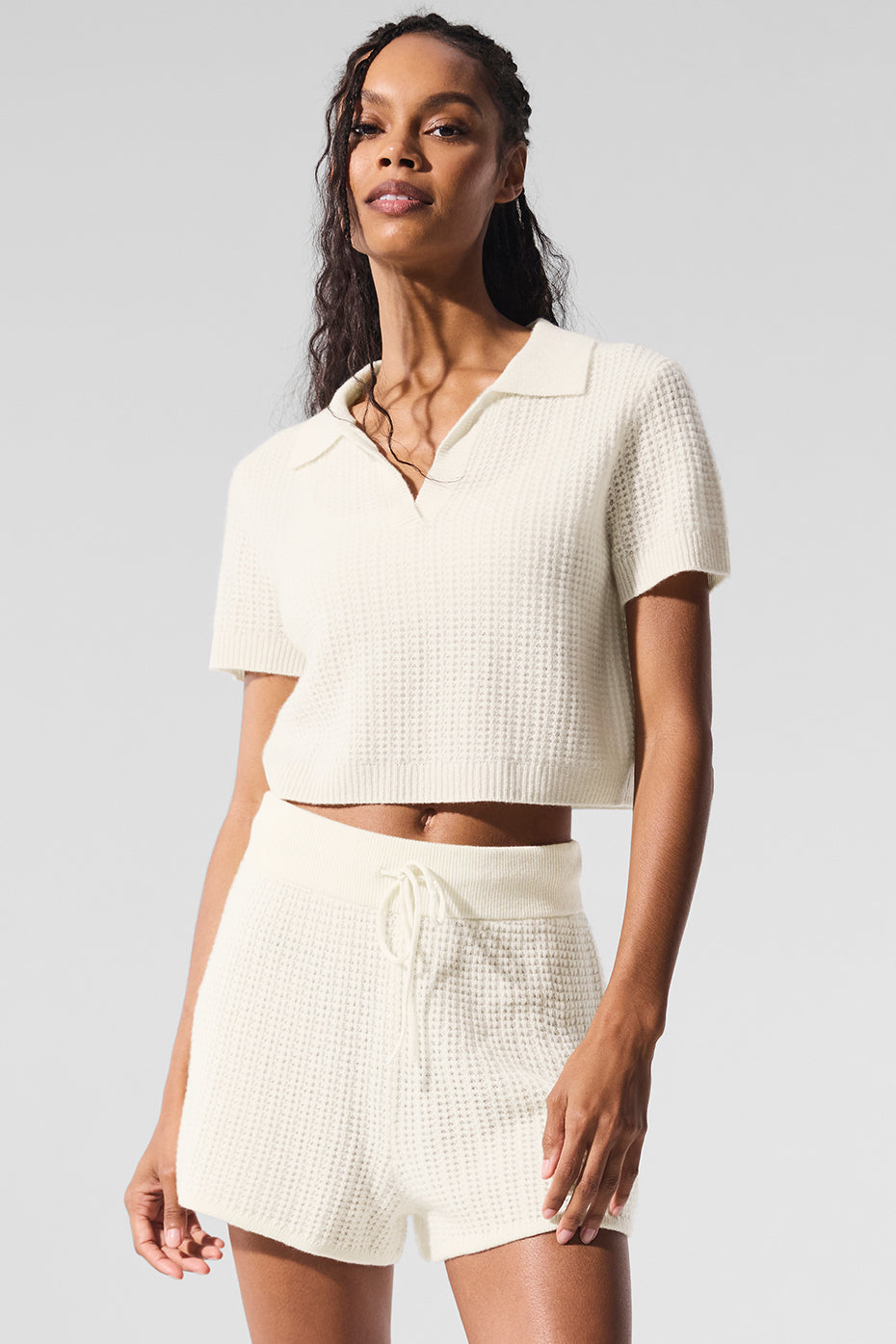 Cashmere Plush Waffle Polo Tee - Ivory — photo 4