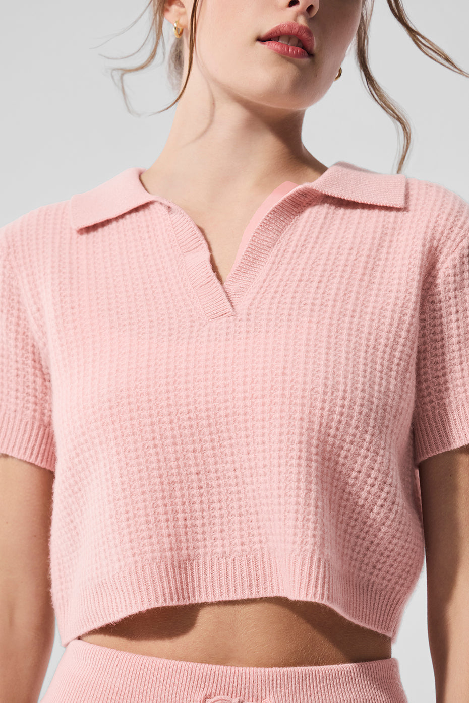 Cashmere Plush Waffle Polo Tee - Pink Quartz — photo 4