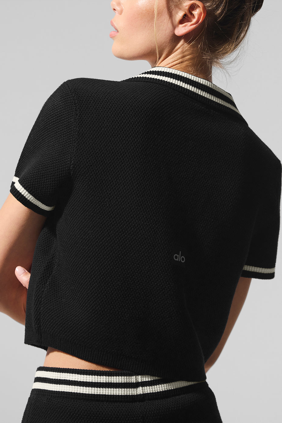 Tennis Club Sweater Knit Cropped Polo - Black/Ivory — photo 4