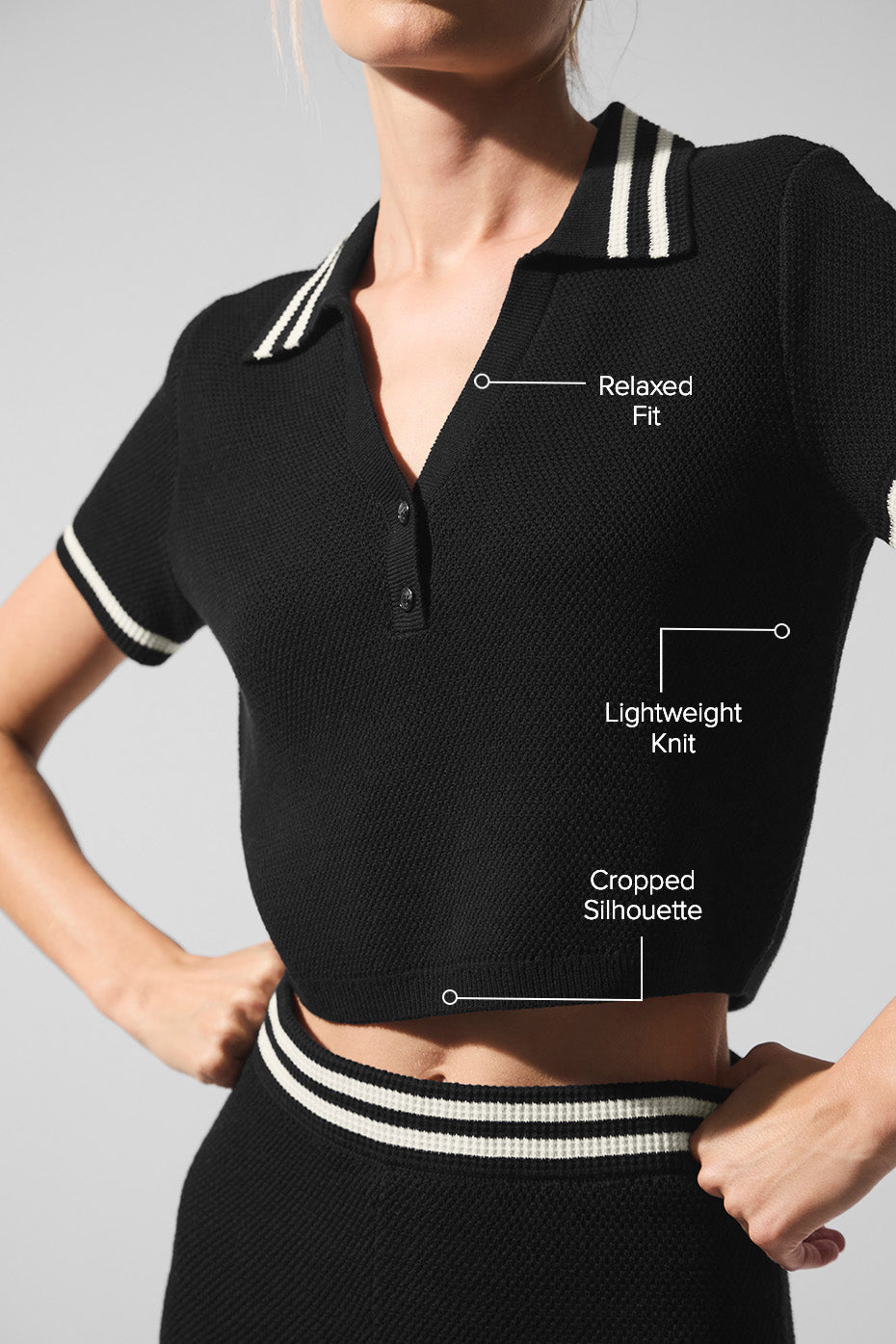Tennis Club Sweater Knit Cropped Polo - Black/Ivory — photo 2