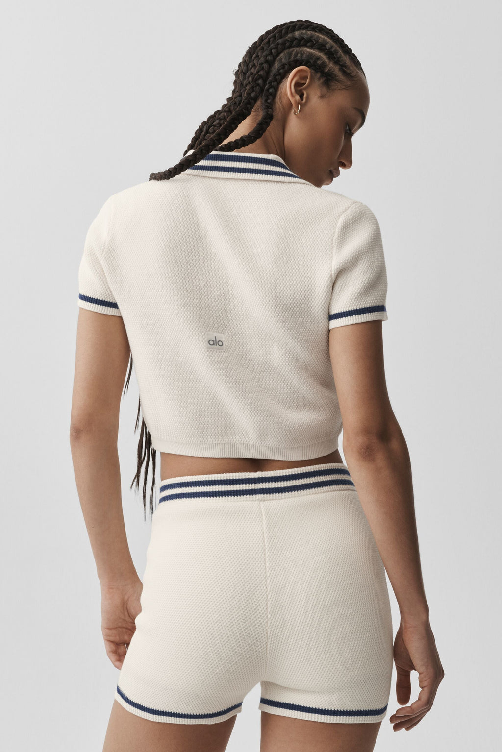 Tennis Club Sweater Knit Cropped Polo - Ivory/Navy — photo 3