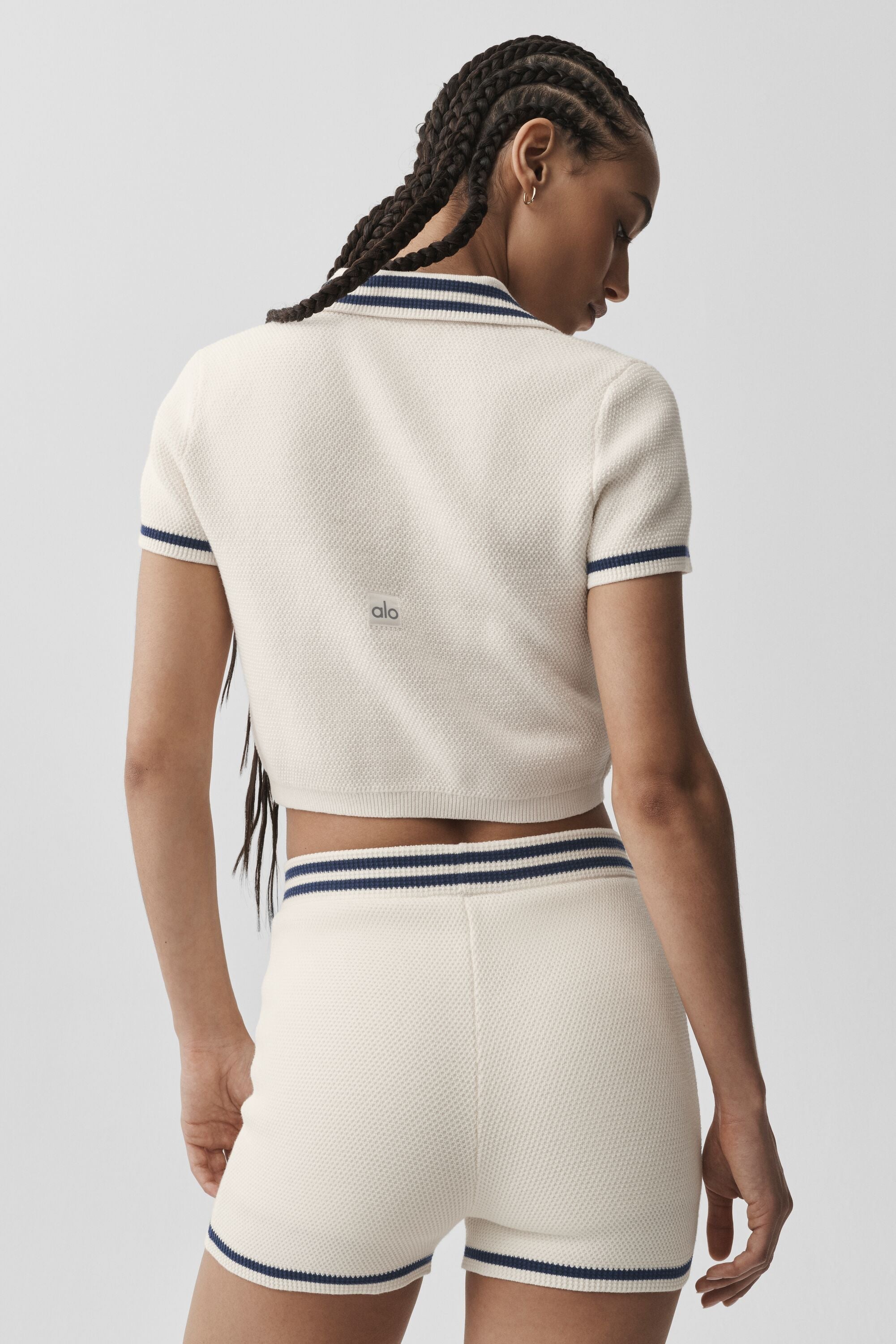 Tennis Club Sweater Knit Cropped Polo - Ivory/Navy — photo 3