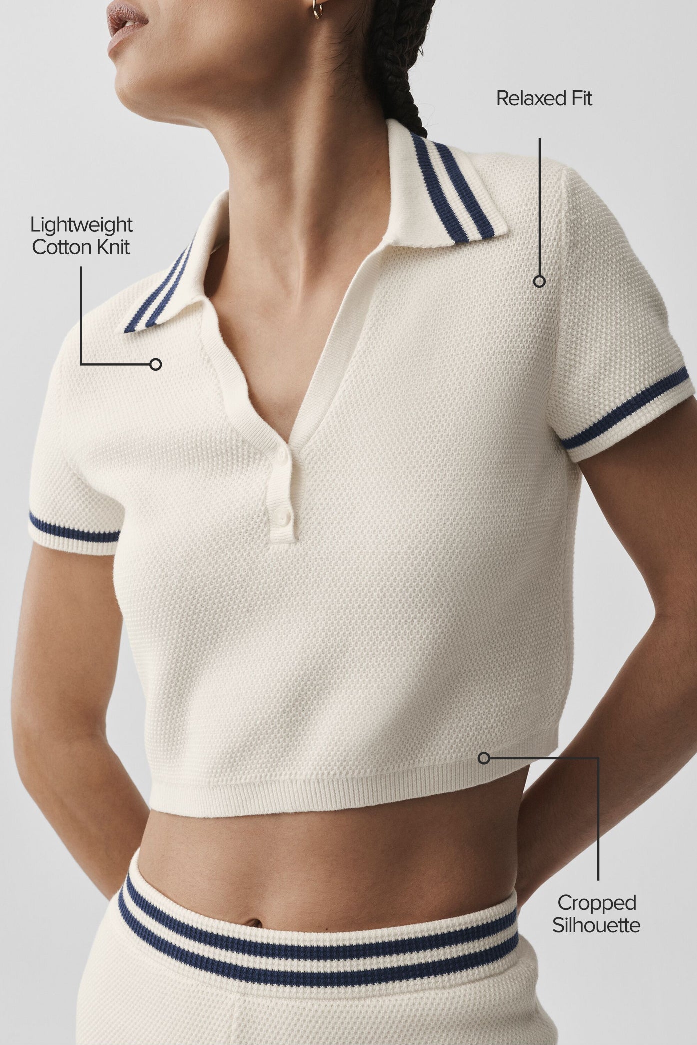 Tennis Club Sweater Knit Cropped Polo - Ivory/Navy — photo 2