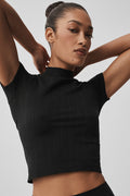 Seamless Pointelle Mock Neck Short Sleeve - Black — photo 1