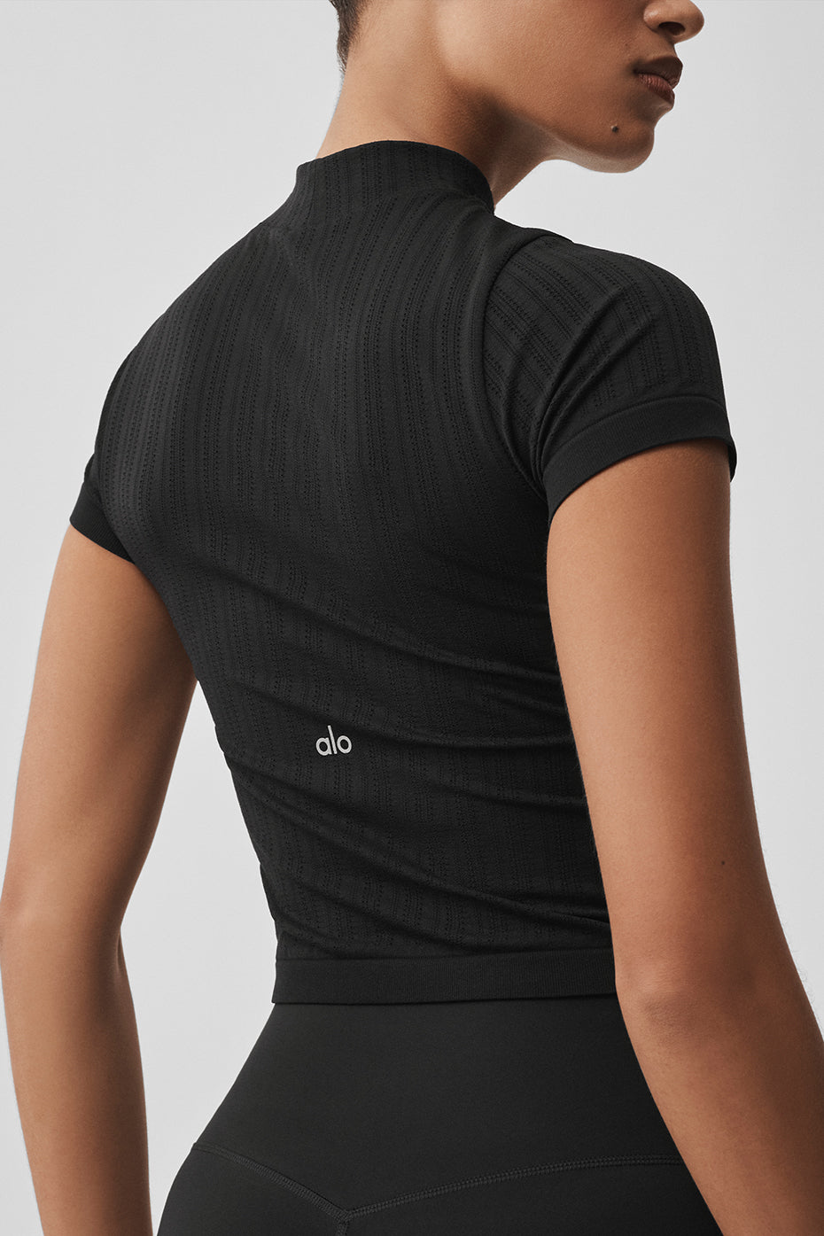 Seamless Pointelle Mock Neck Short Sleeve - Black — photo 4