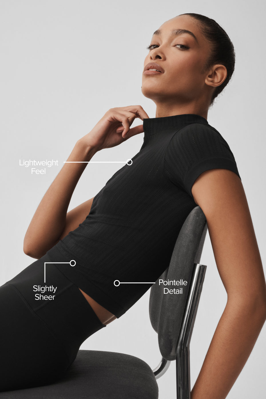 Seamless Pointelle Mock Neck Short Sleeve - Black — photo 2