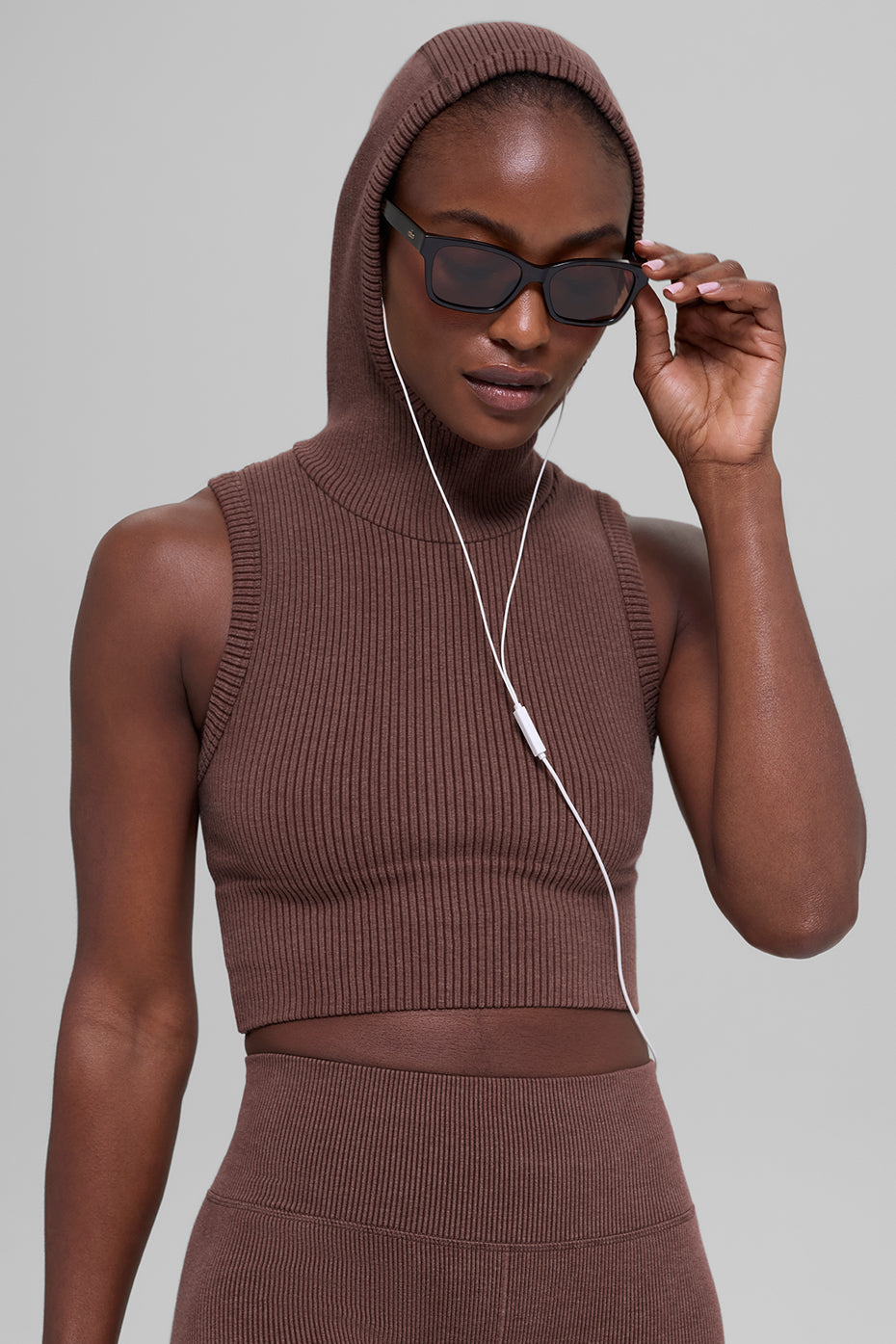 Seamless Two Tone Rib Hooded Vest - Brownstone Heather — photo 1
