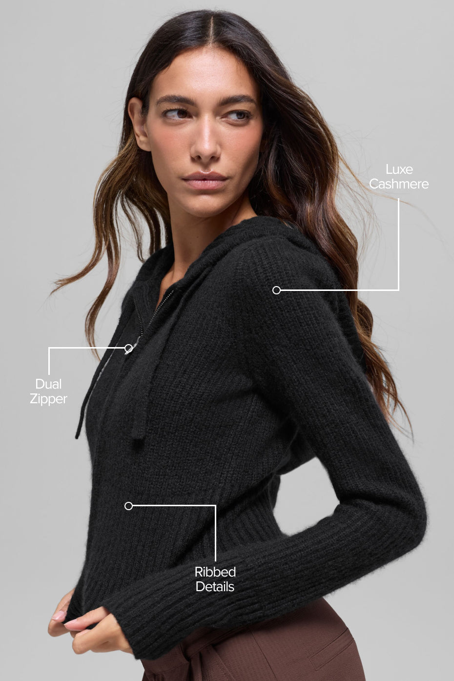 Wool Cashmere Ribbed Noble Full Zip Hoodie - Black — photo 2