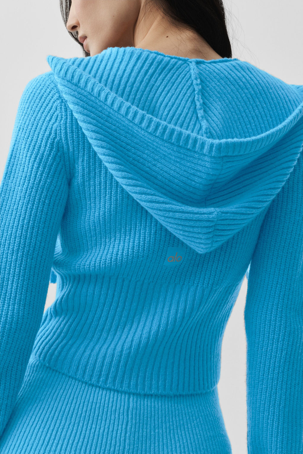 Wool Cashmere Ribbed Noble Full Zip Hoodie - Azure Blue — photo 5