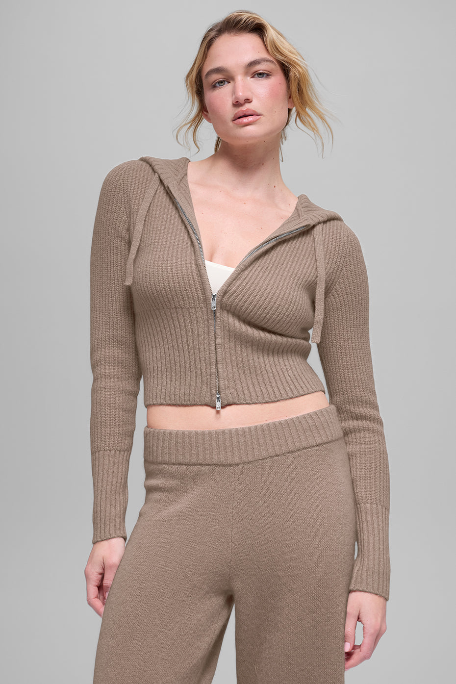 Wool Cashmere Ribbed Noble Full Zip Hoodie - Chai Latte — photo 1