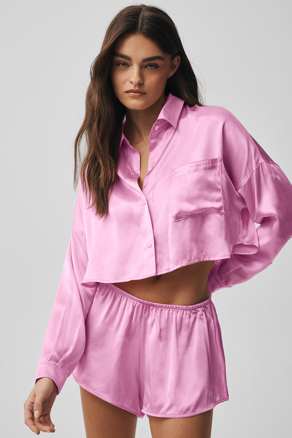 Silk Luminous Cropped Button Down Long Sleeve - Candy Heart Pink — photo 1