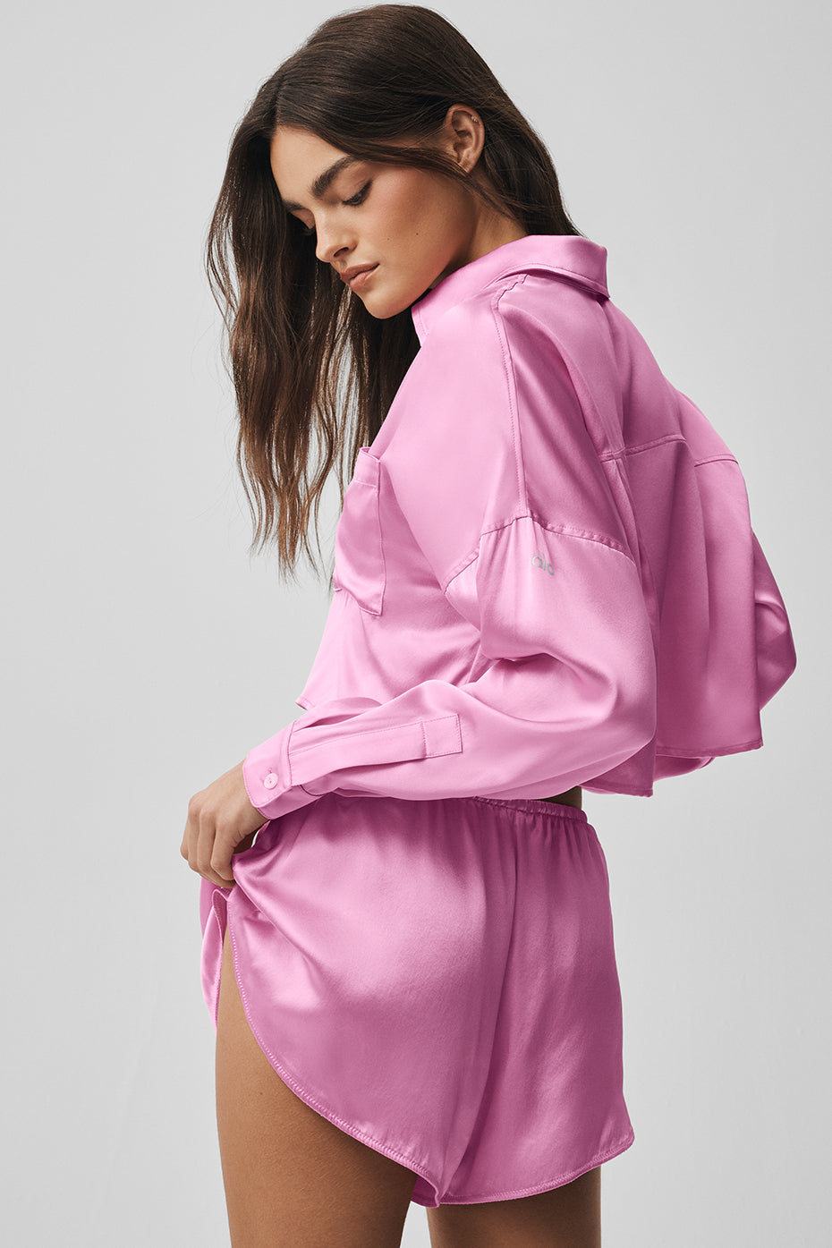 Silk Luminous Cropped Button Down Long Sleeve - Candy Heart Pink — photo 2
