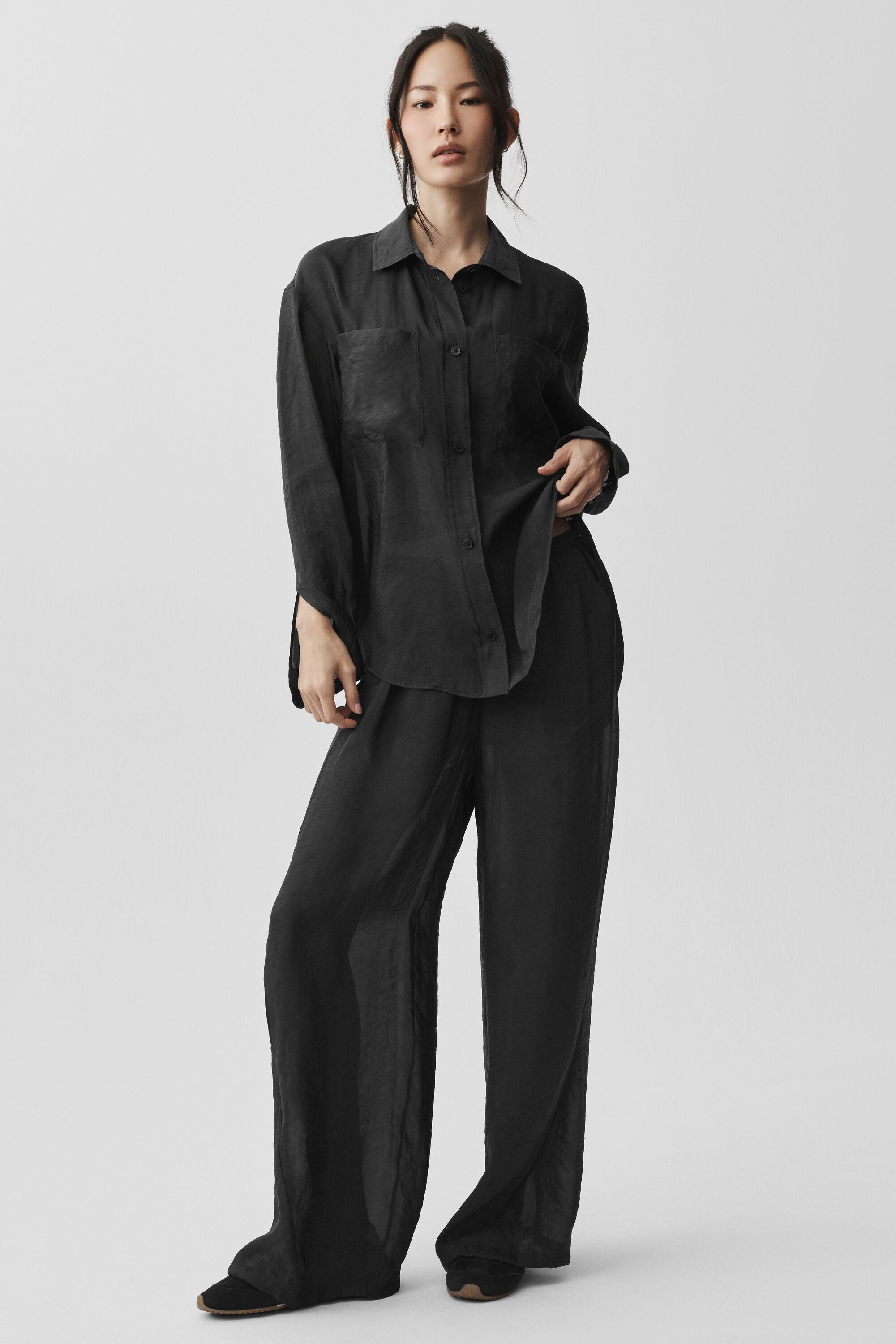 Semi-Sheer Golden Hour Button Down Long Sleeve - Black — photo 1