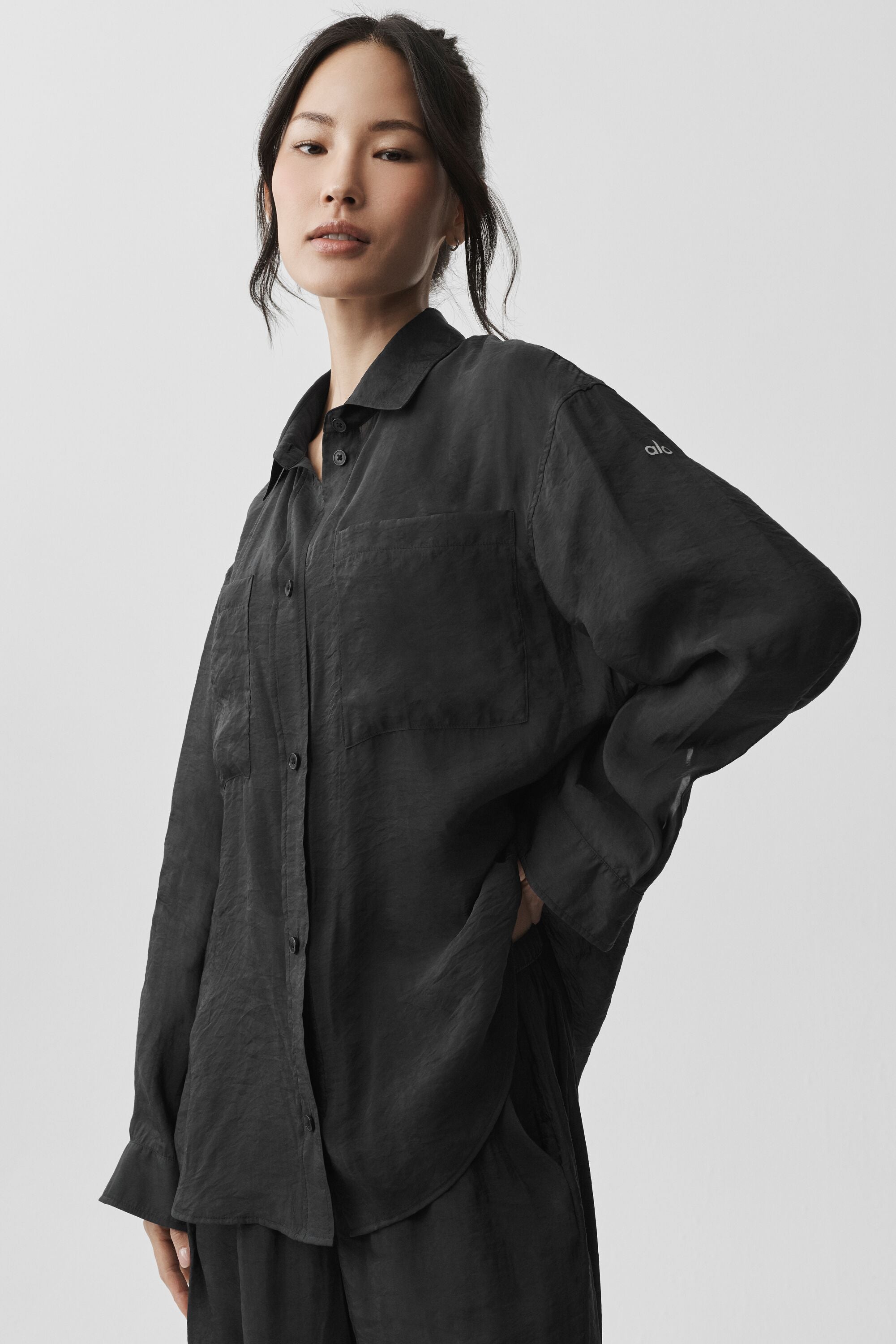 Semi-Sheer Golden Hour Button Down Long Sleeve - Black — photo 5