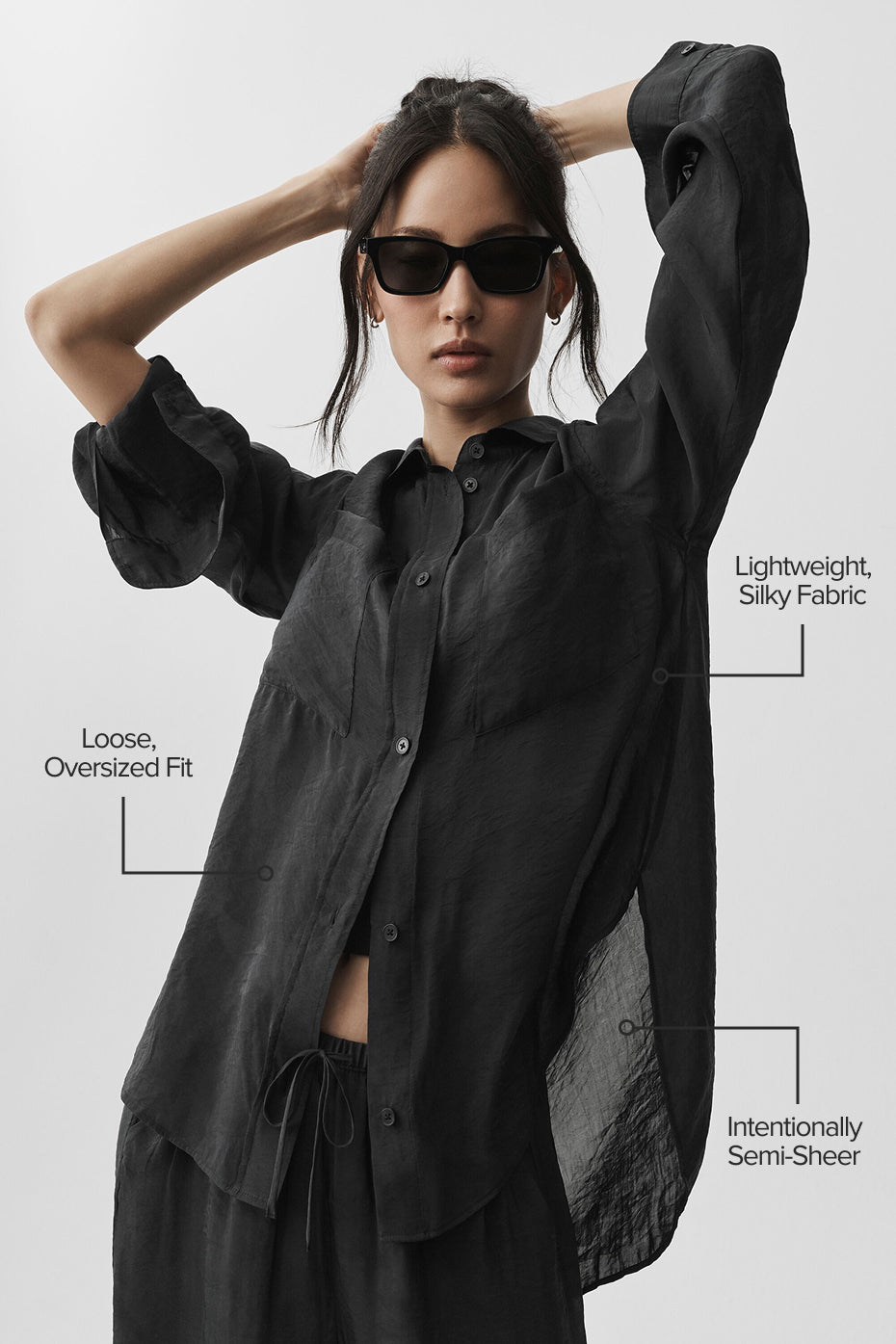 Semi-Sheer Golden Hour Button Down Long Sleeve - Black — photo 2