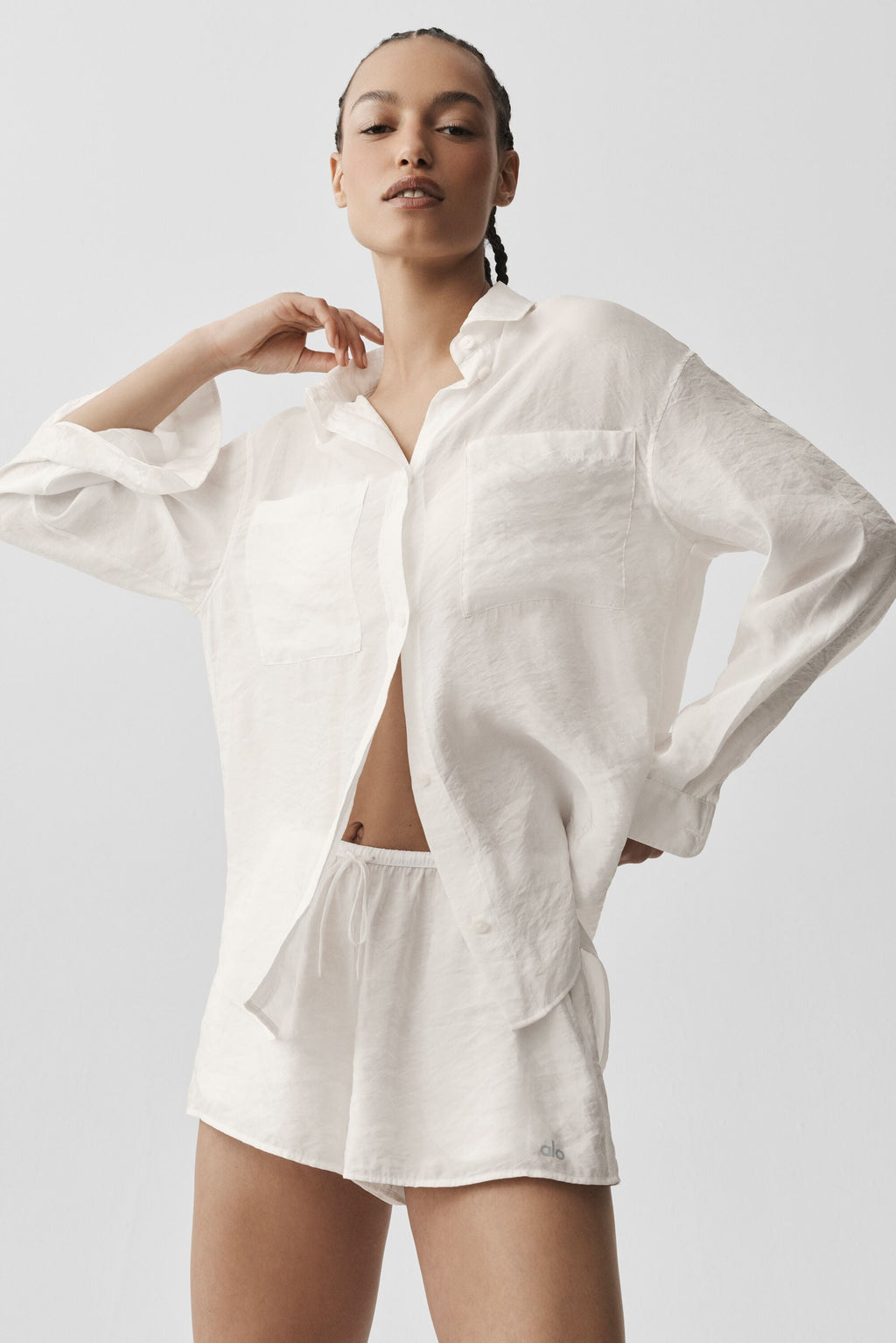 Semi-Sheer Golden Hour Button Down Long Sleeve - Ivory — photo 3