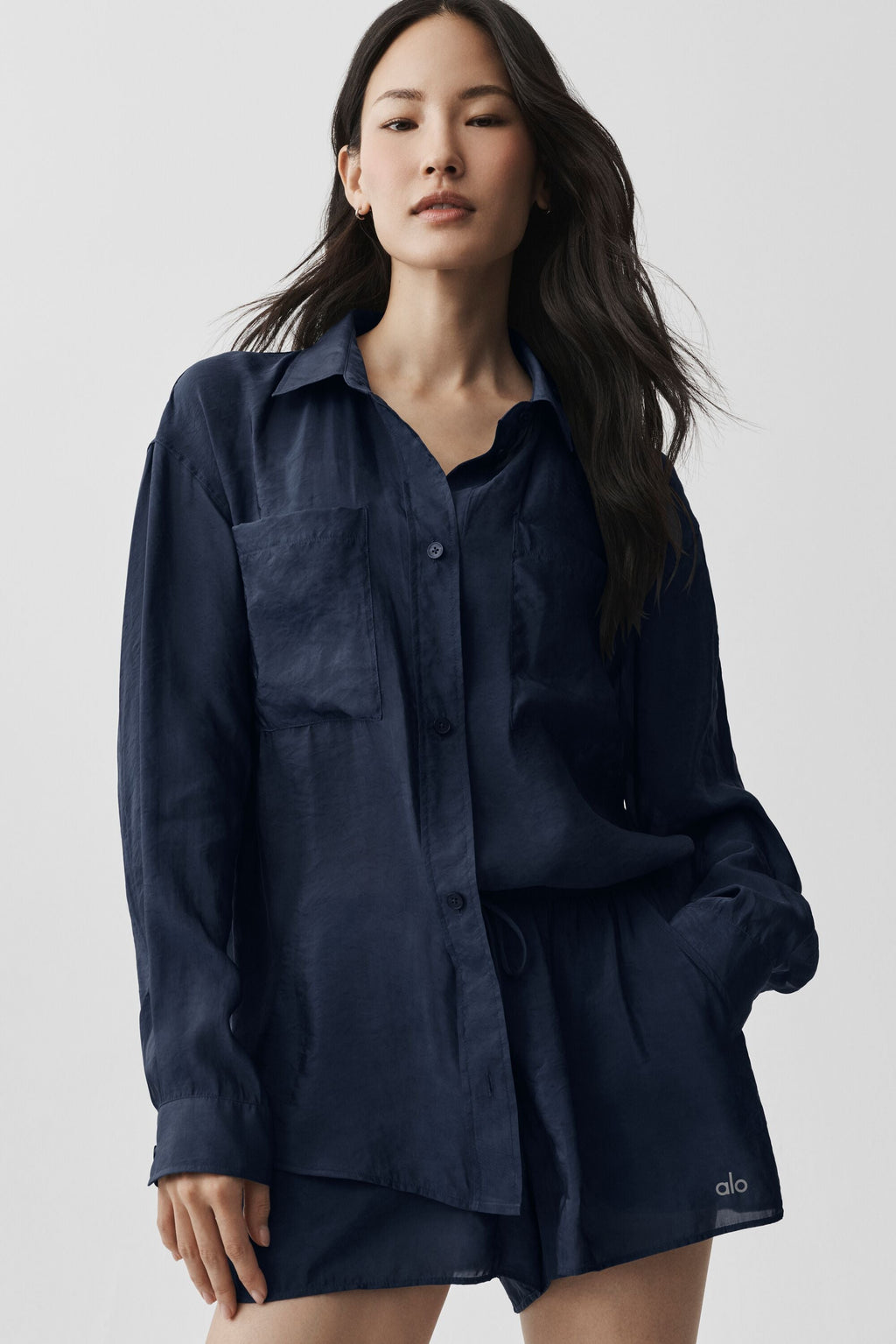 Semi-Sheer Golden Hour Button Down Long Sleeve - Navy — photo 3