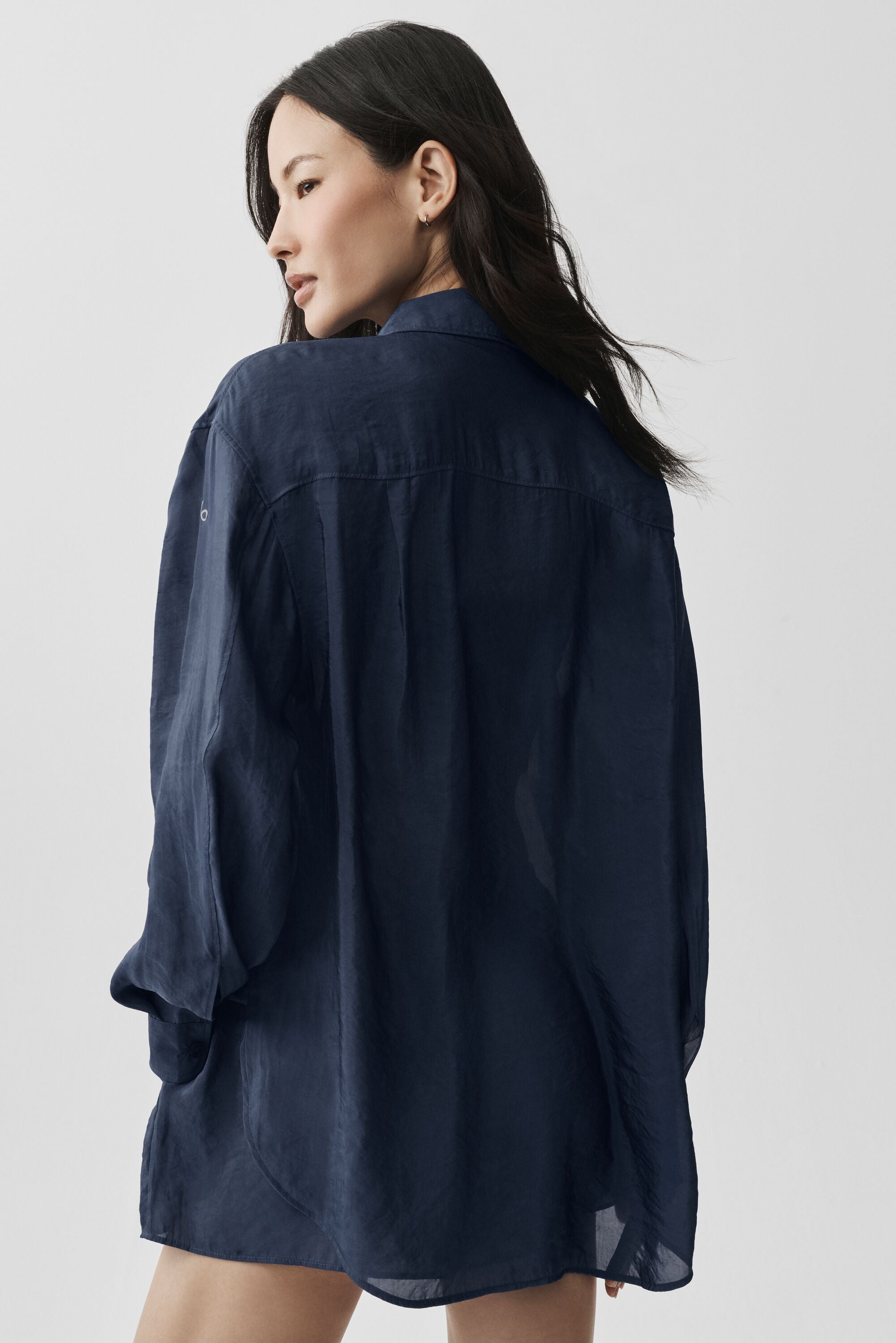 Semi-Sheer Golden Hour Button Down Long Sleeve - Navy — photo 4