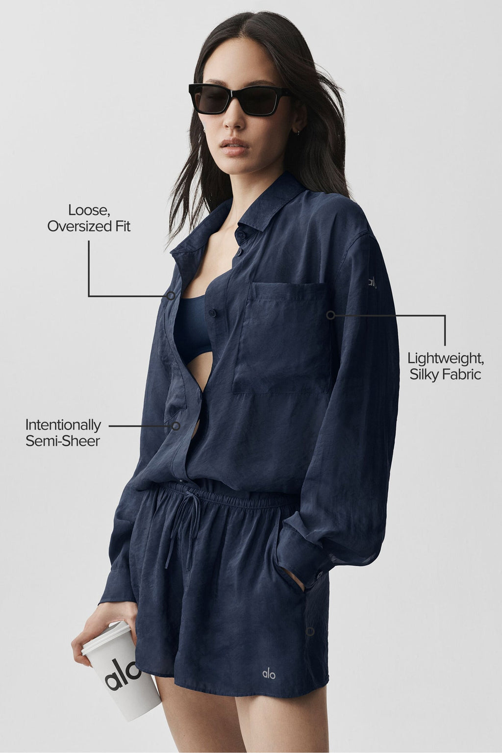 Semi-Sheer Golden Hour Button Down Long Sleeve - Navy — photo 2