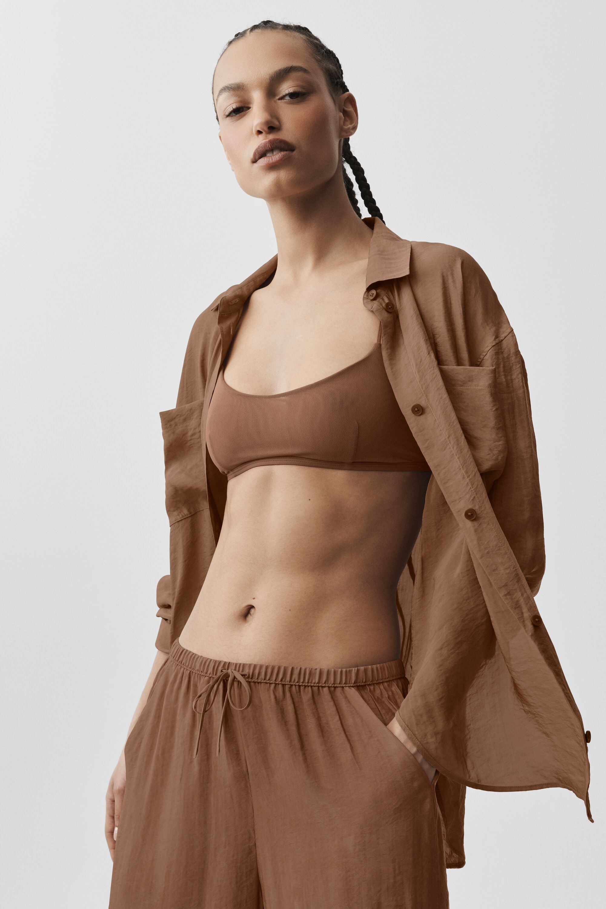 Semi-Sheer Golden Hour Button Down Long Sleeve - Sun Kissed Brown — photo 1