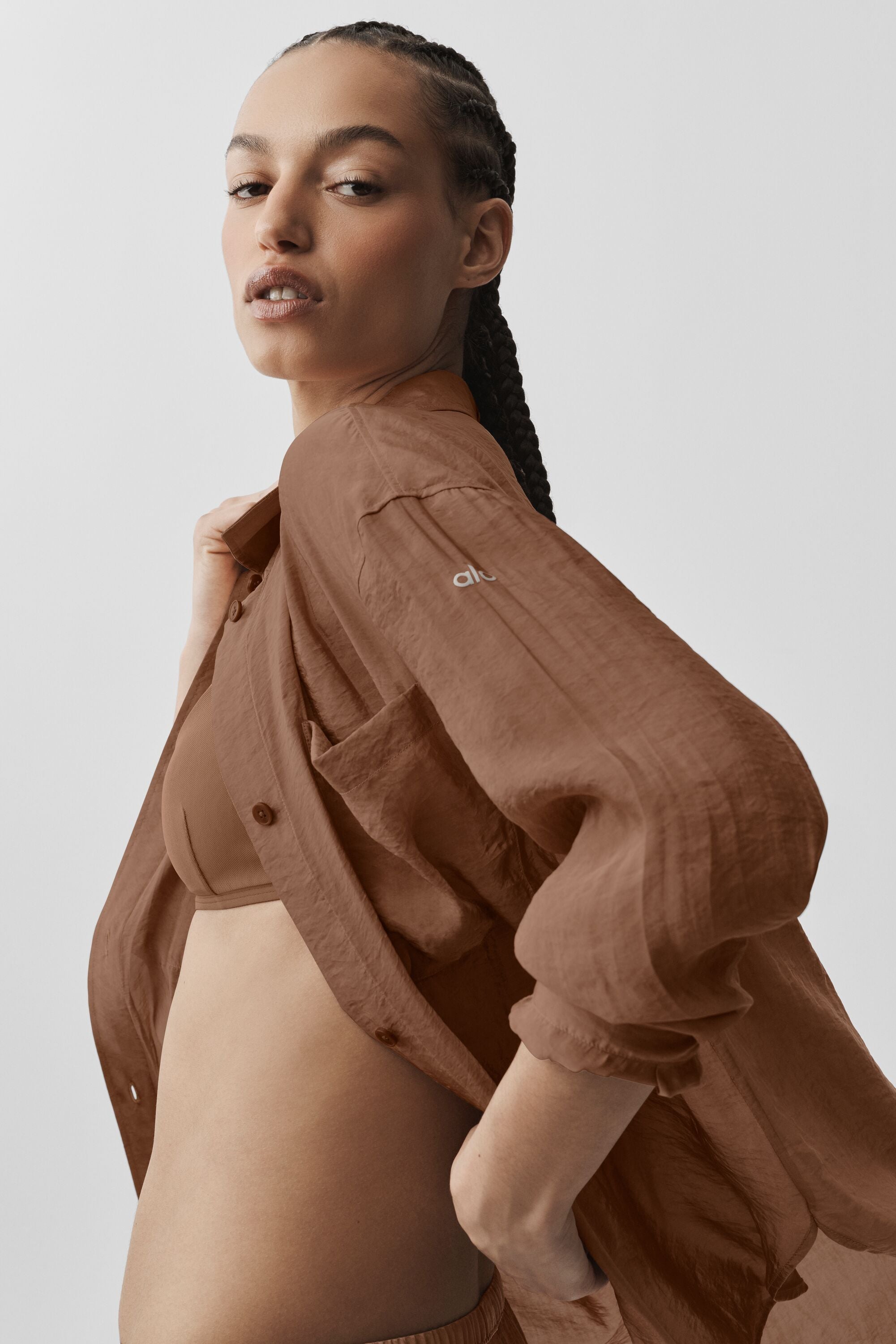 Semi-Sheer Golden Hour Button Down Long Sleeve - Sun Kissed Brown — photo 3