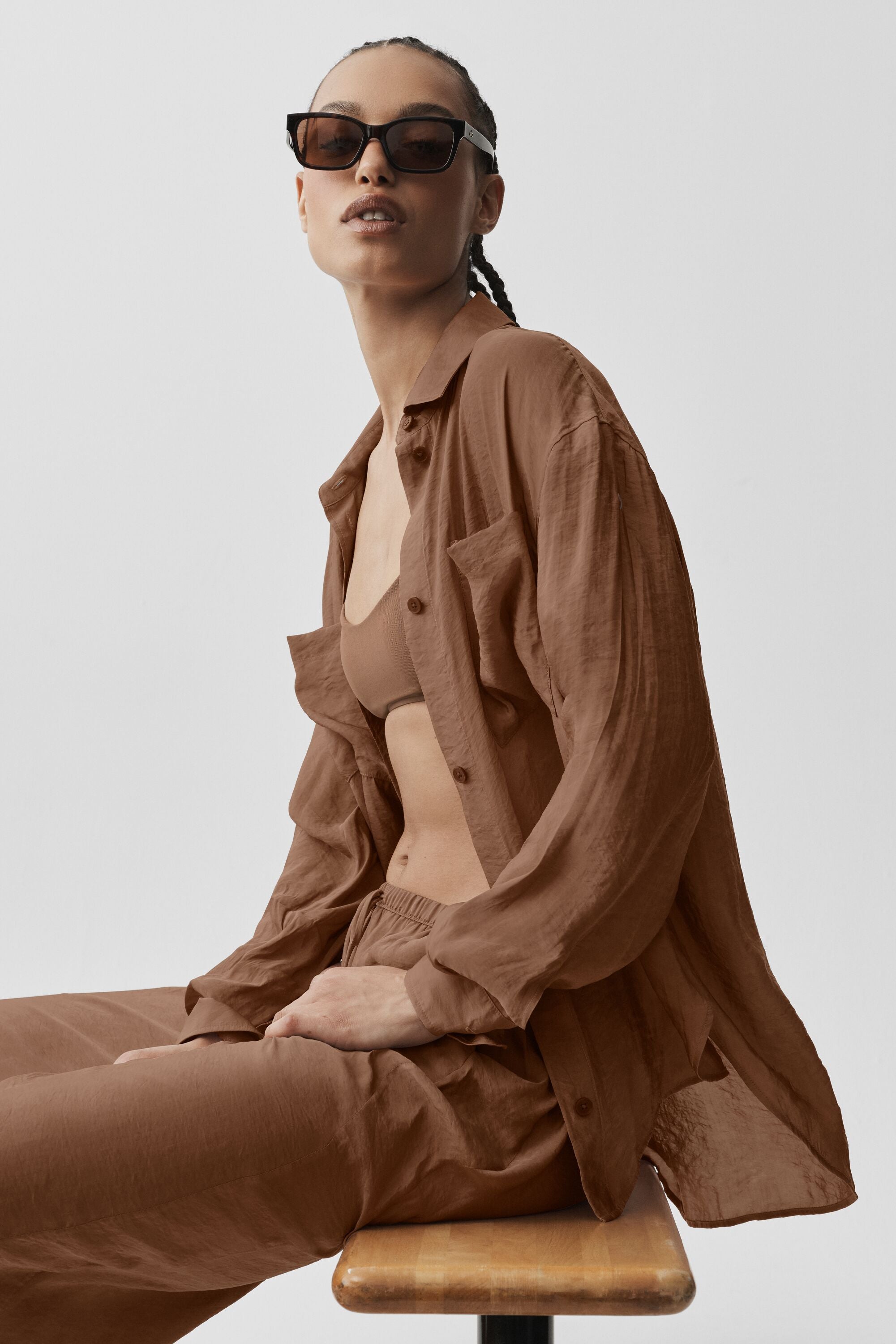 Semi-Sheer Golden Hour Button Down Long Sleeve - Sun Kissed Brown — photo 4