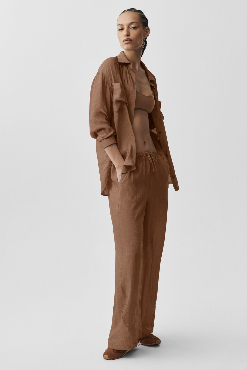 Semi-Sheer Golden Hour Button Down Long Sleeve - Sun Kissed Brown — photo 5