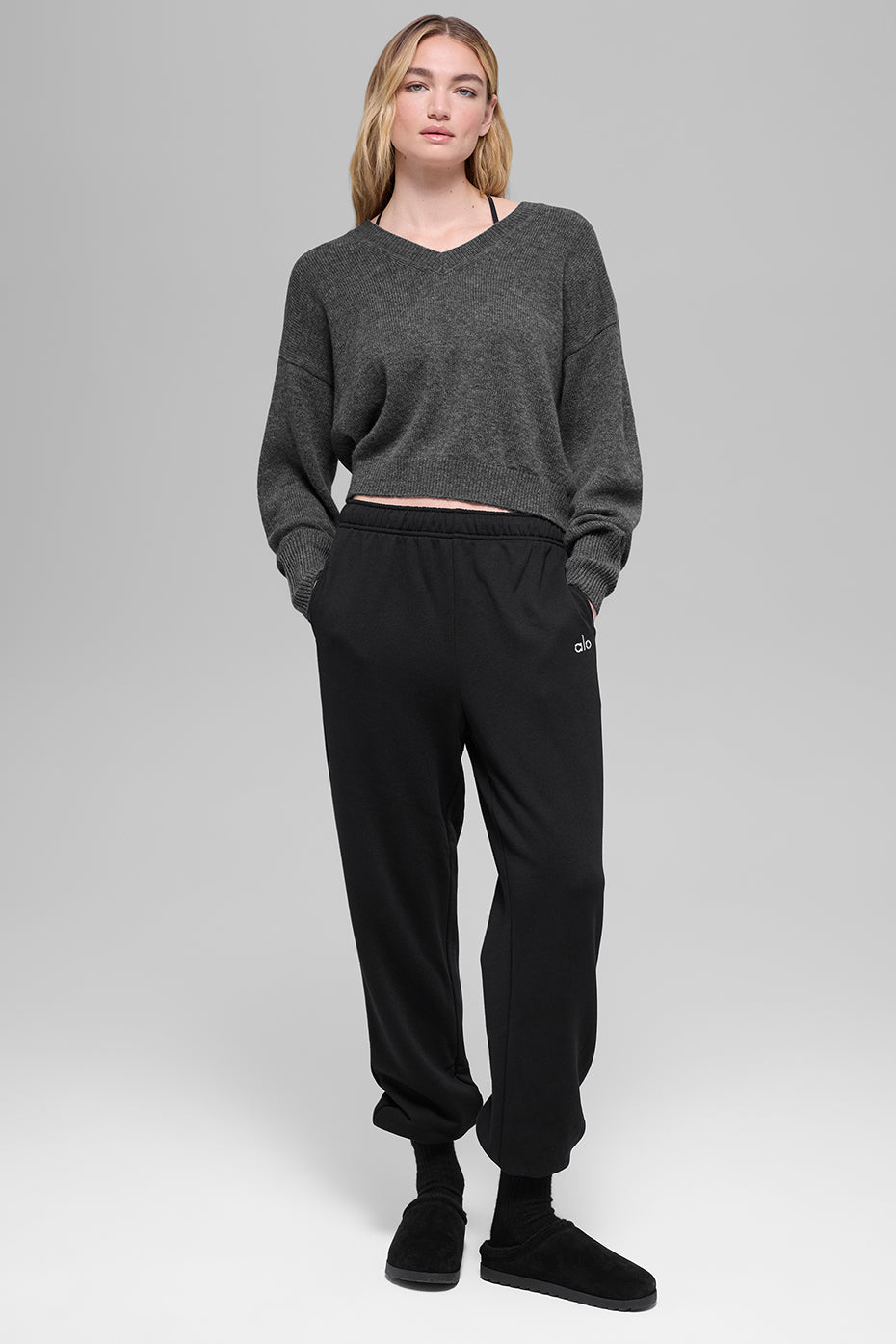 Wool Cashmere Cropped New Class V-Neck Sweater - Platinum Grey — photo 4