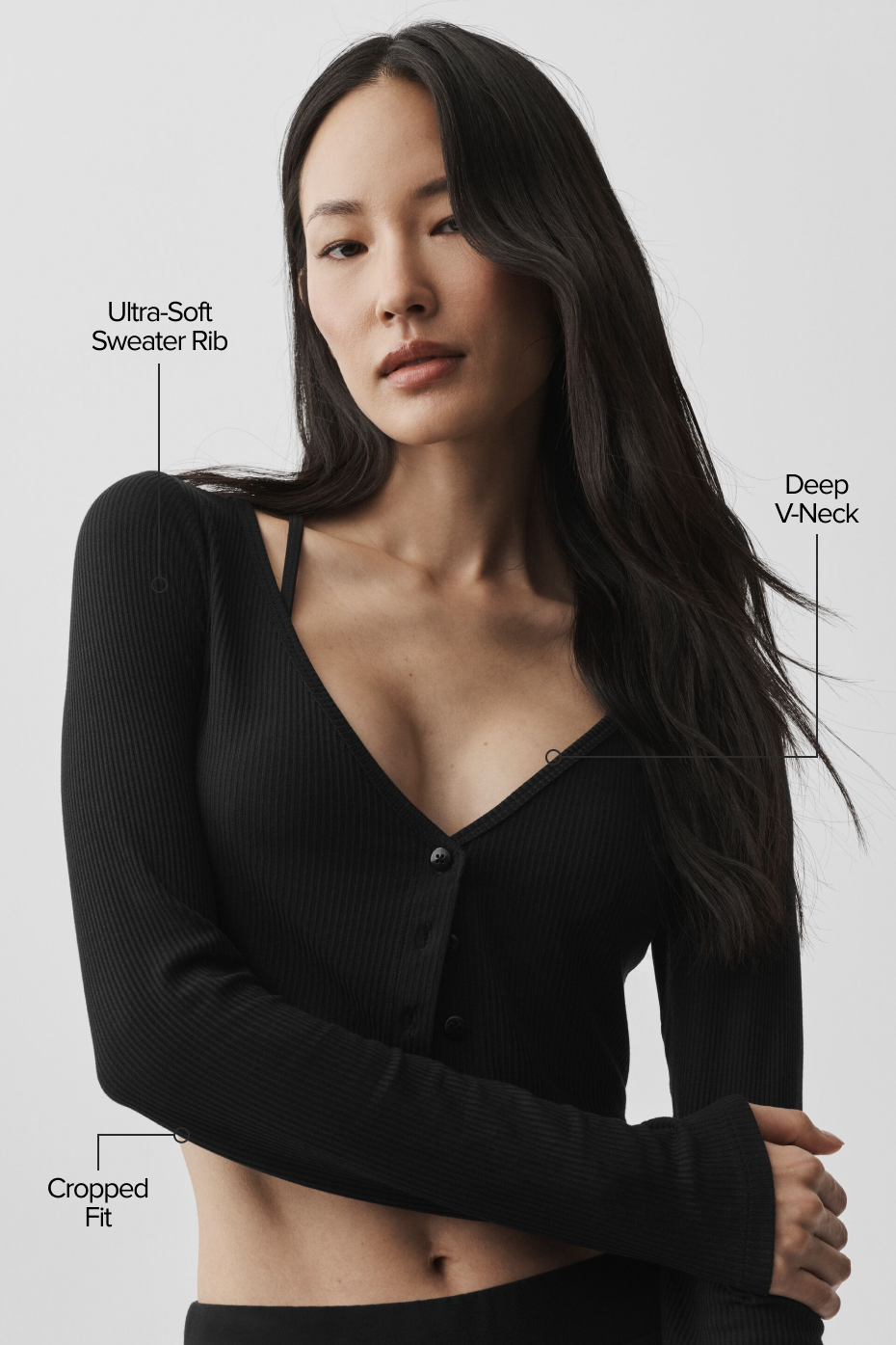 Ribbed Cropped Whisper Cardigan - Black — photo 2