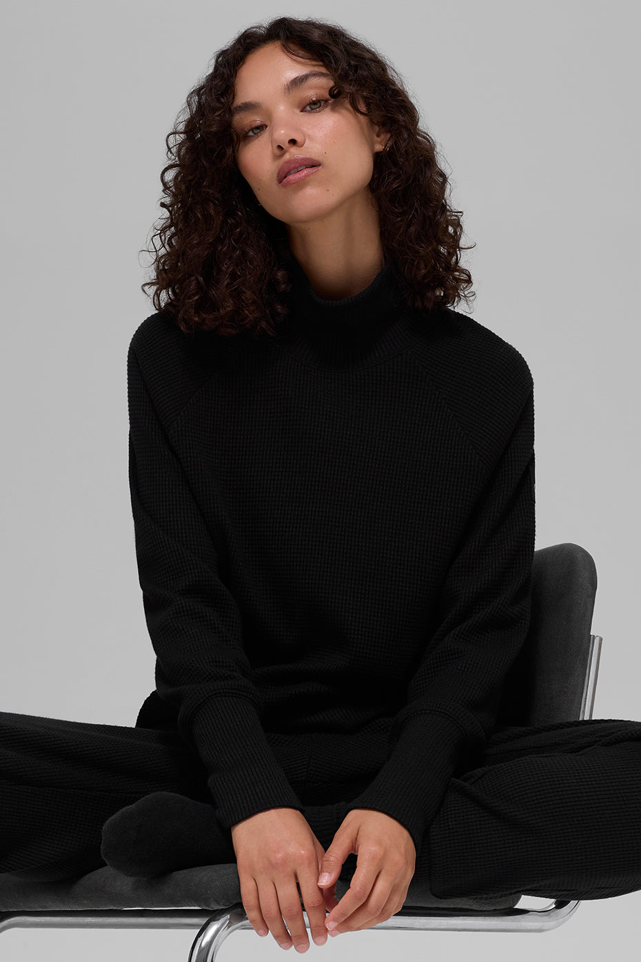 Waffle Weekend Escape Mock Neck Long Sleeve - Black — photo 3