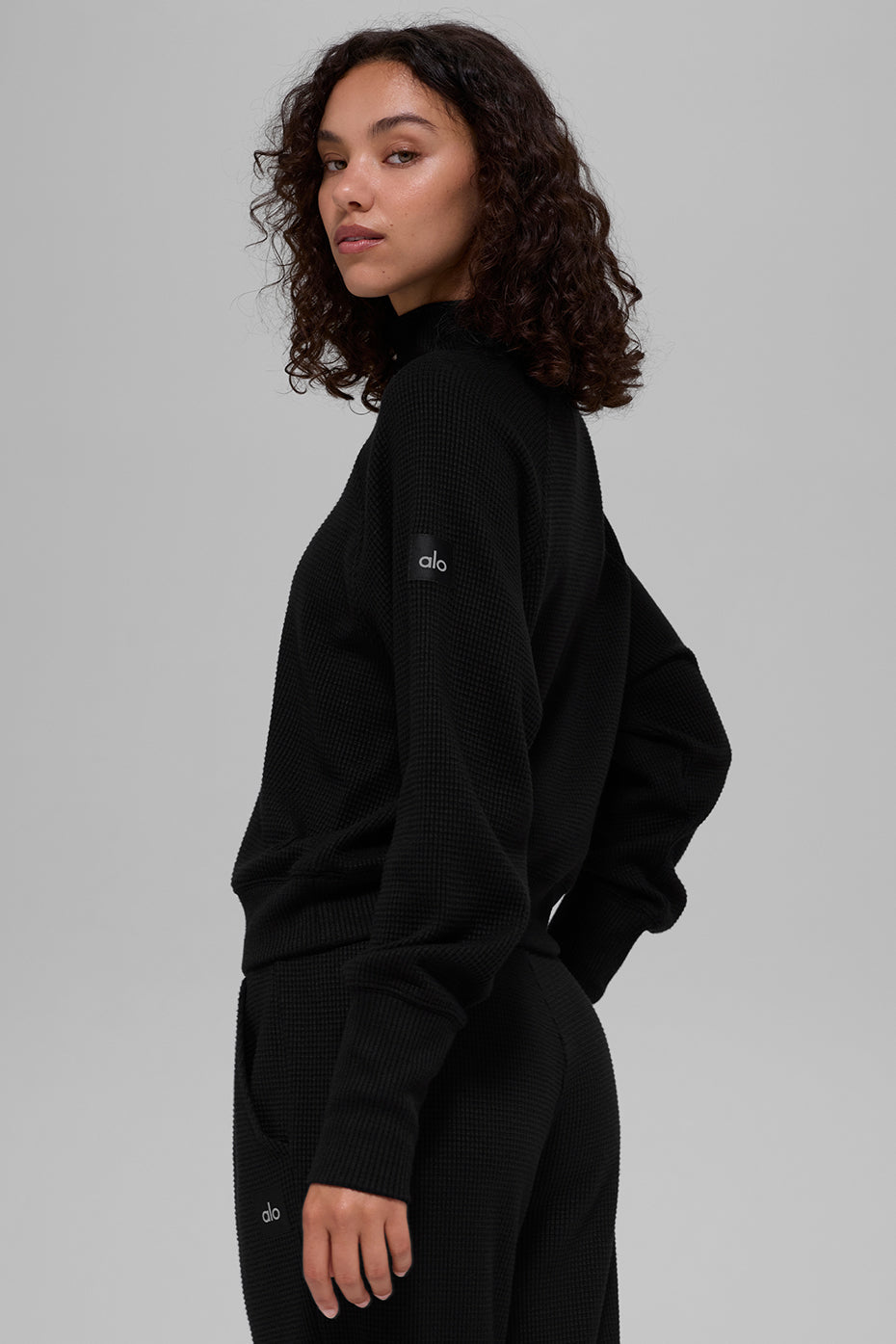 Waffle Weekend Escape Mock Neck Long Sleeve - Black — photo 4