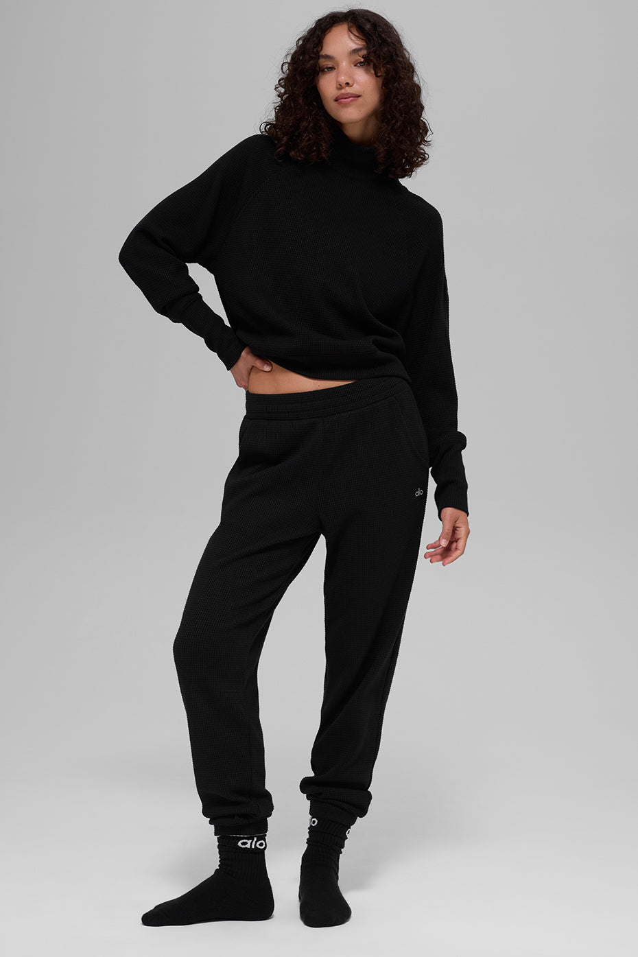 Waffle Weekend Escape Mock Neck Long Sleeve - Black — photo 5