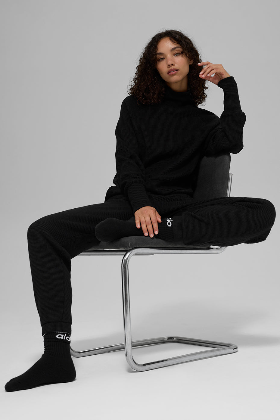 Waffle Weekend Escape Mock Neck Long Sleeve - Black — photo 6
