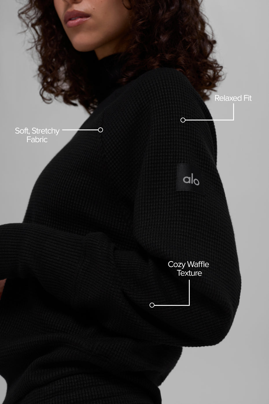 Waffle Weekend Escape Mock Neck Long Sleeve - Black — photo 2