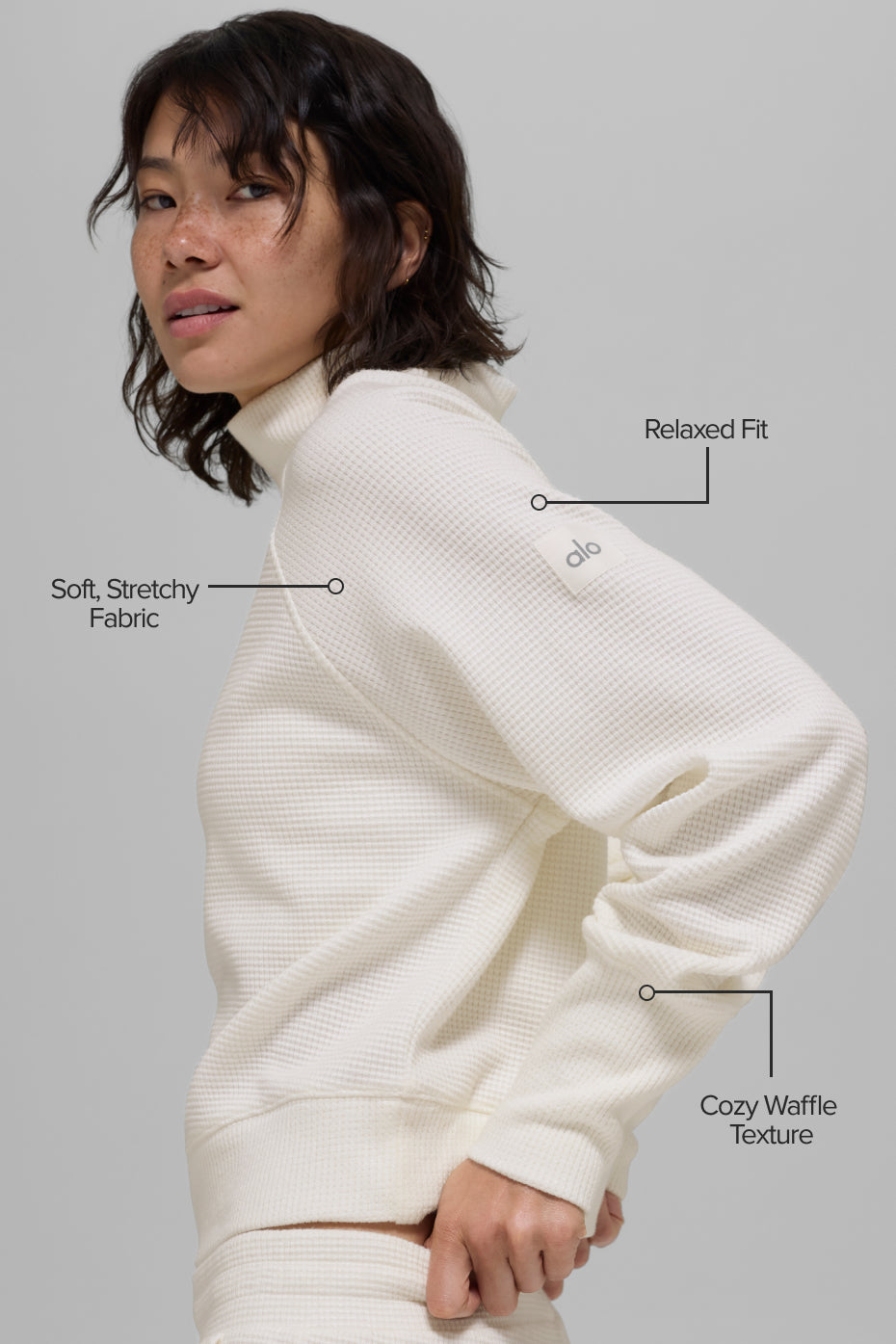 Waffle Weekend Escape Mock Neck Long Sleeve - Ivory — photo 2