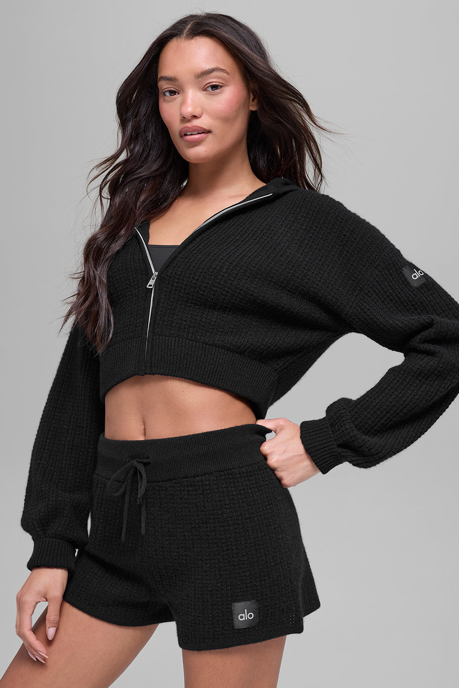 Cashmere Plush Waffle Full Zip Hoodie - Black — photo 1