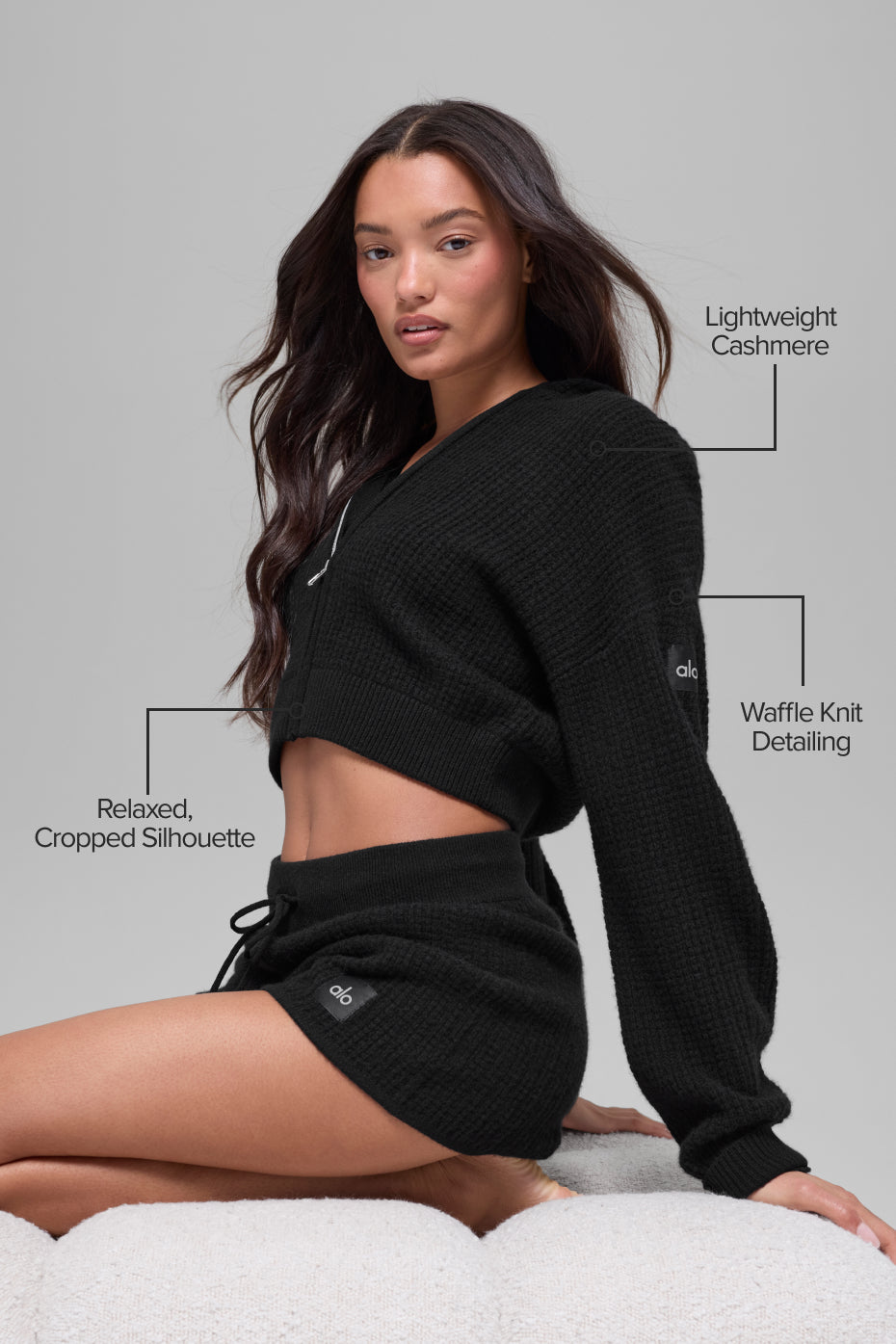 Cashmere Plush Waffle Full Zip Hoodie - Black — photo 2