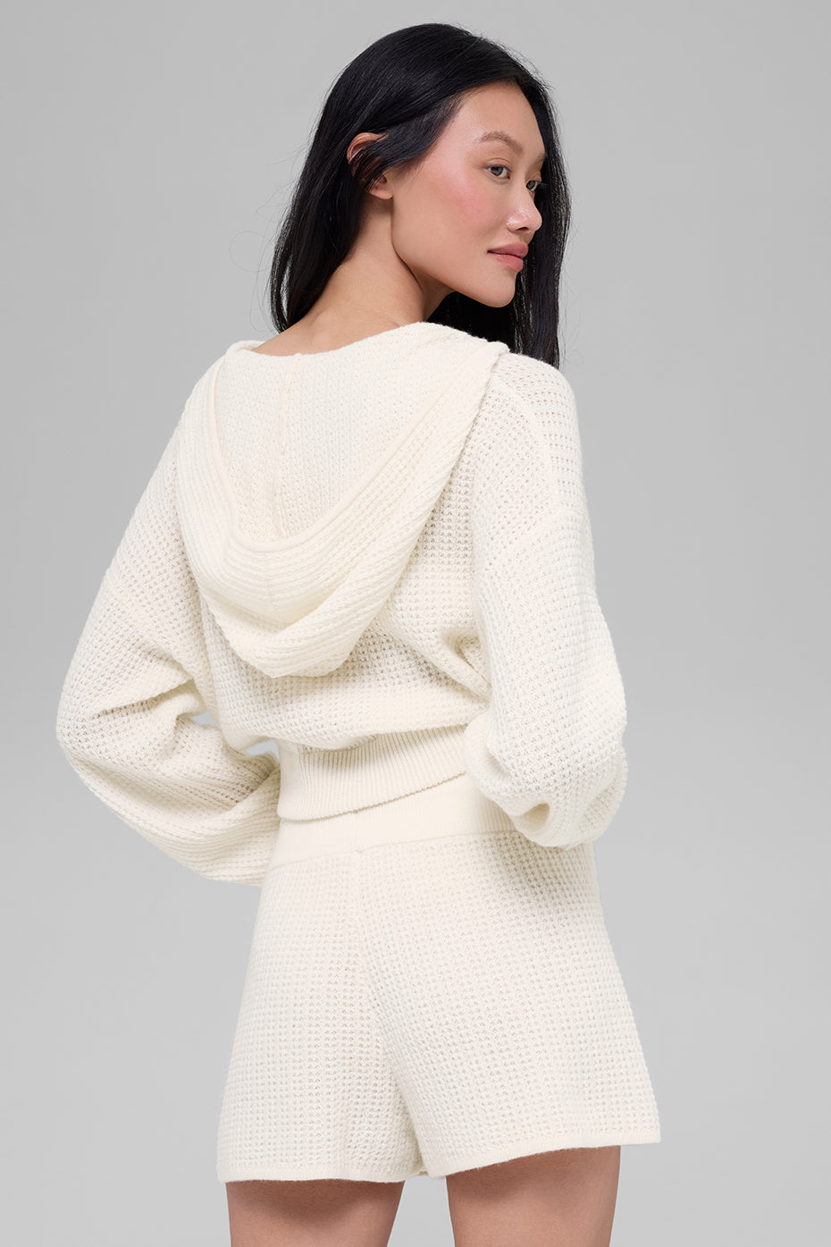 Cashmere Plush Waffle Full Zip Hoodie - Ivory — photo 3