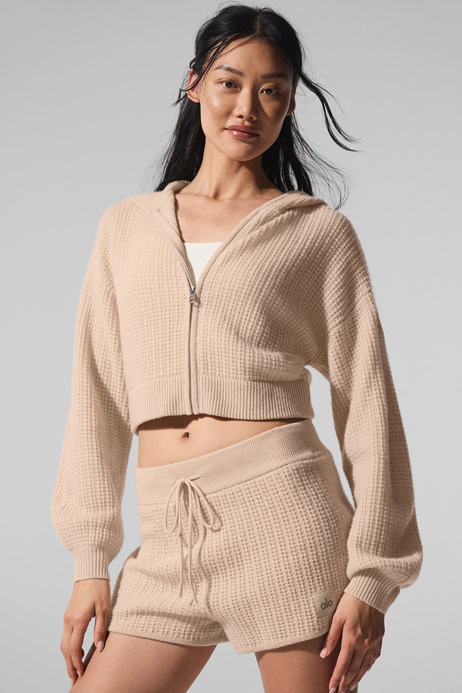 Cashmere Plush Waffle Full Zip Hoodie - Macadamia Blush — photo 3