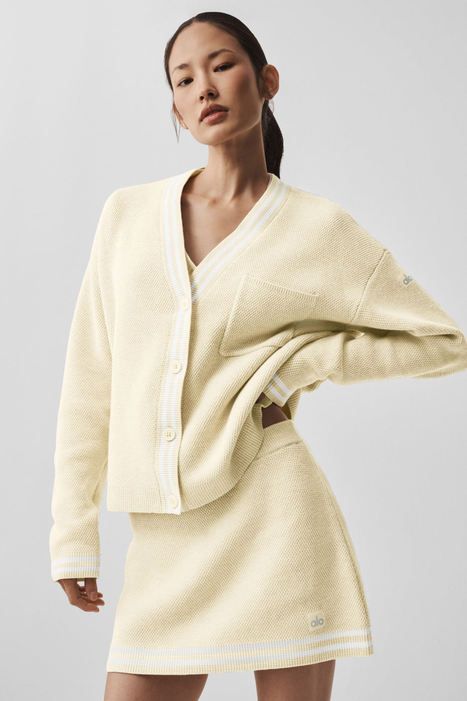 Tennis Club Sweater Knit Cardigan - Oatmeal/White — photo 5