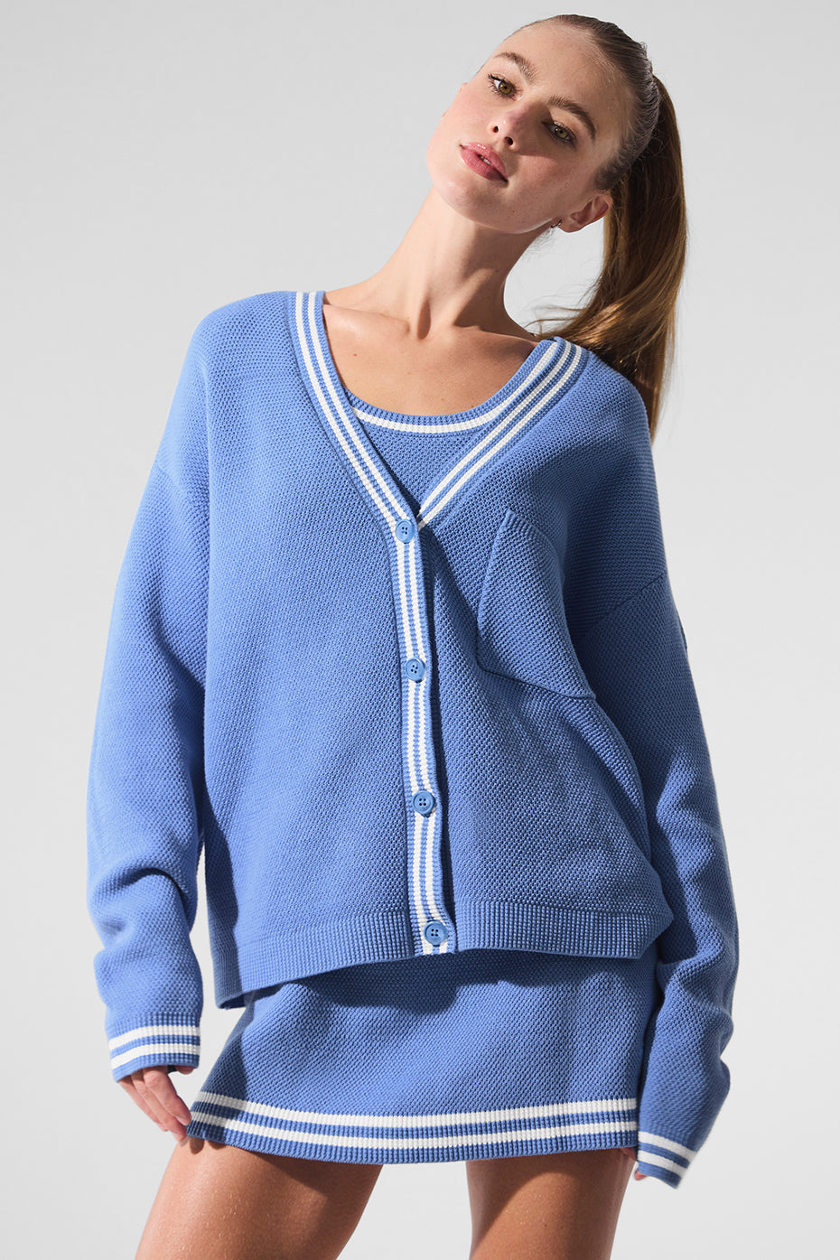 Tennis Club Sweater Knit Cardigan - Crystal Clear Blue/White — photo 1