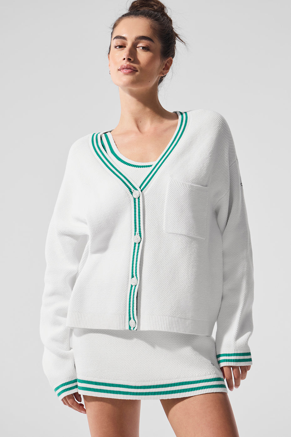 Tennis Club Sweater Knit Cardigan - White/Spruce Green — photo 1