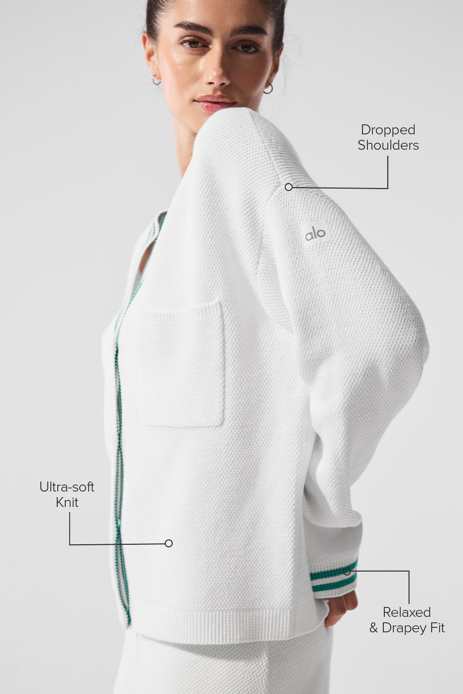 Tennis Club Sweater Knit Cardigan - White/Spruce Green — photo 2