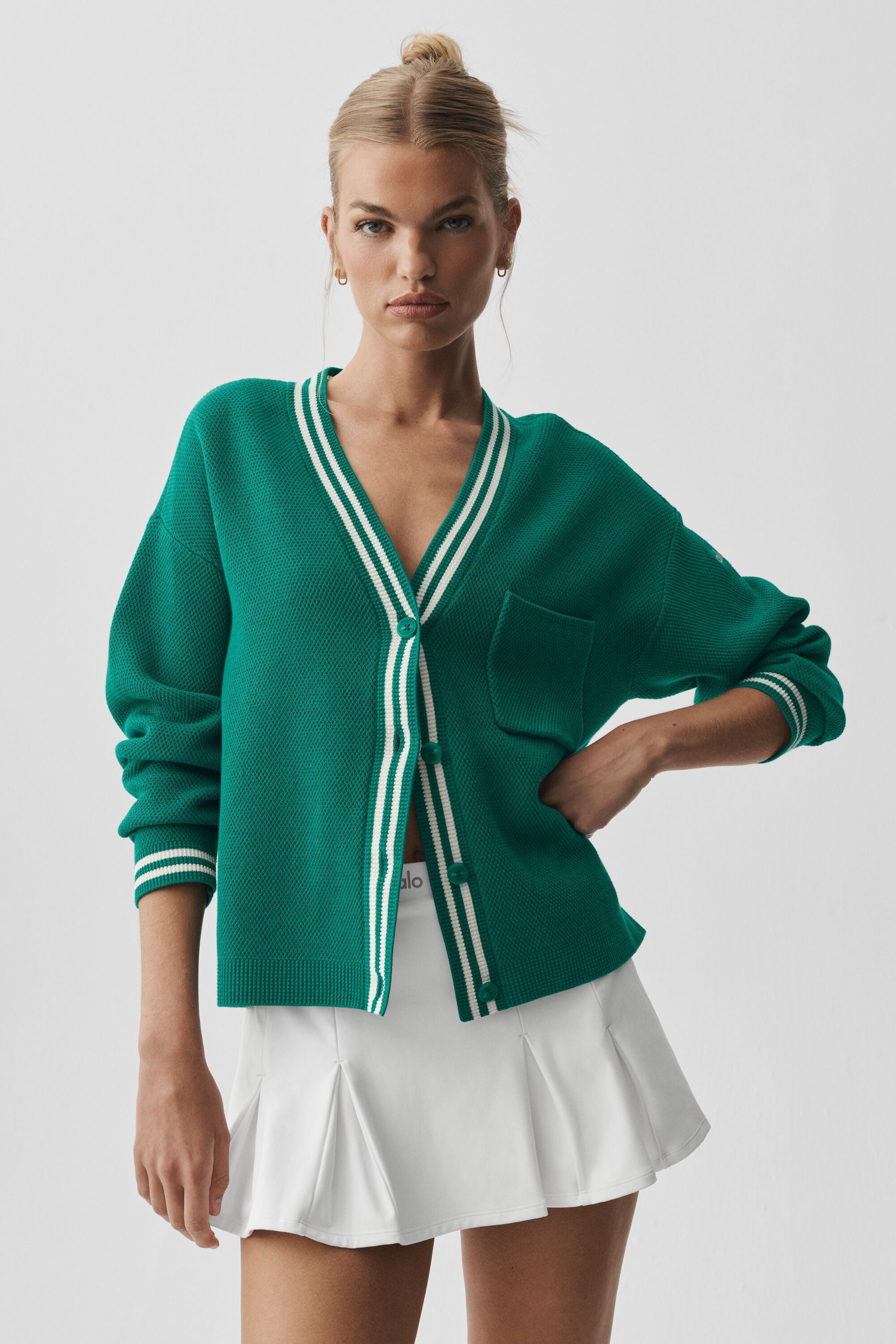 Tennis Club Sweater Knit Cardigan - Emerald Isle/Ivory — photo 1