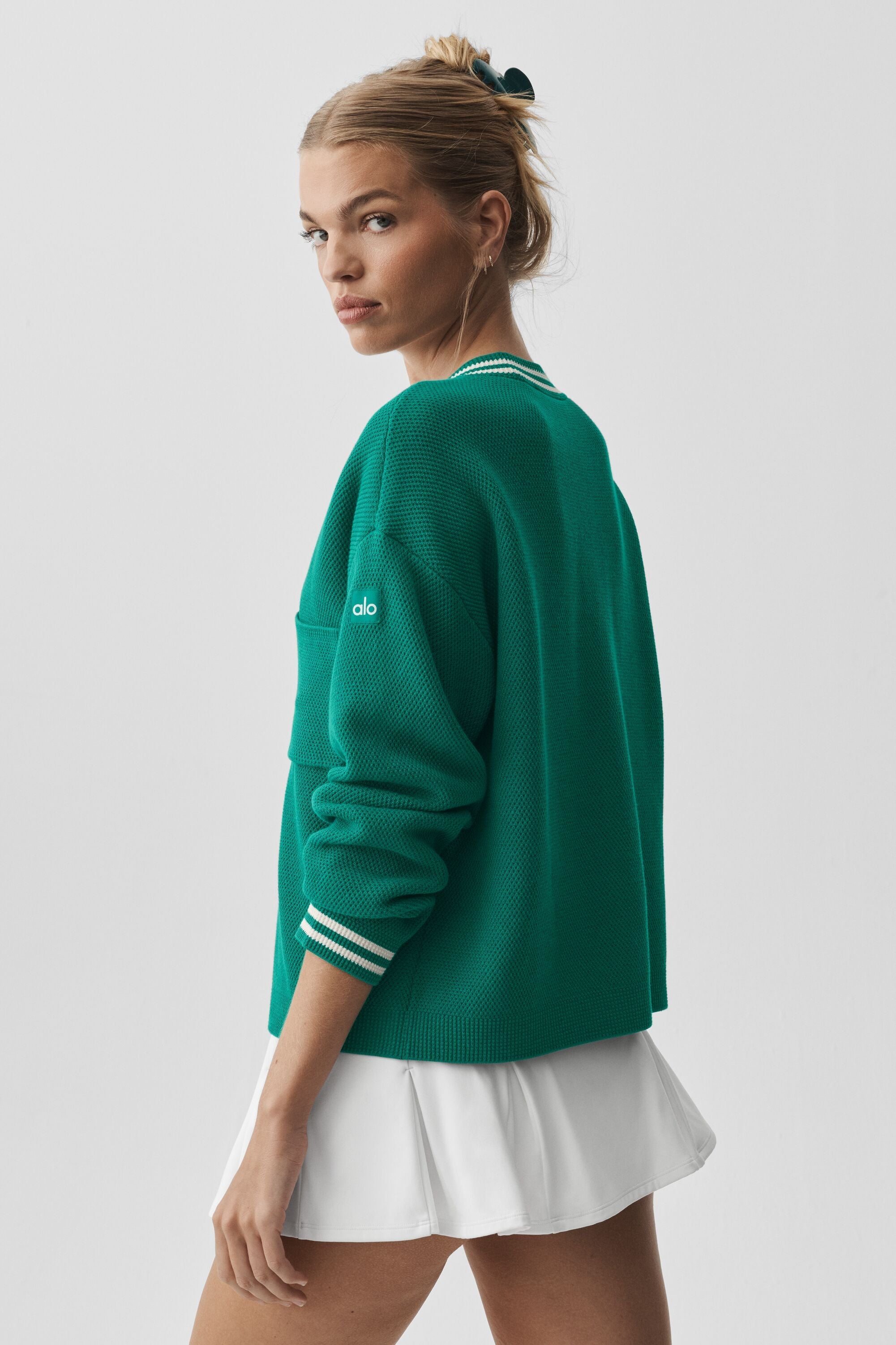 Tennis Club Sweater Knit Cardigan - Emerald Isle/Ivory — photo 2