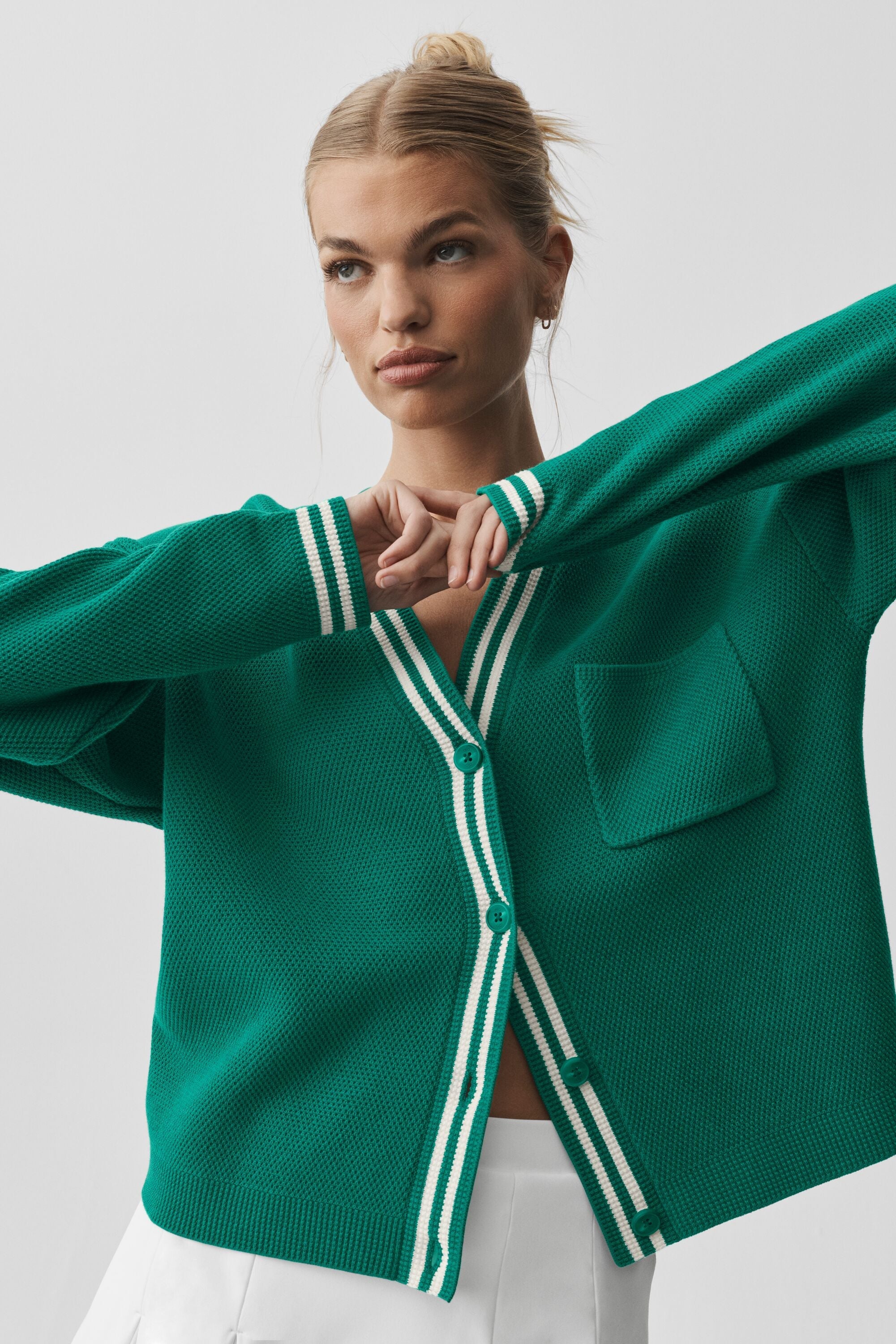Tennis Club Sweater Knit Cardigan - Emerald Isle/Ivory — photo 3
