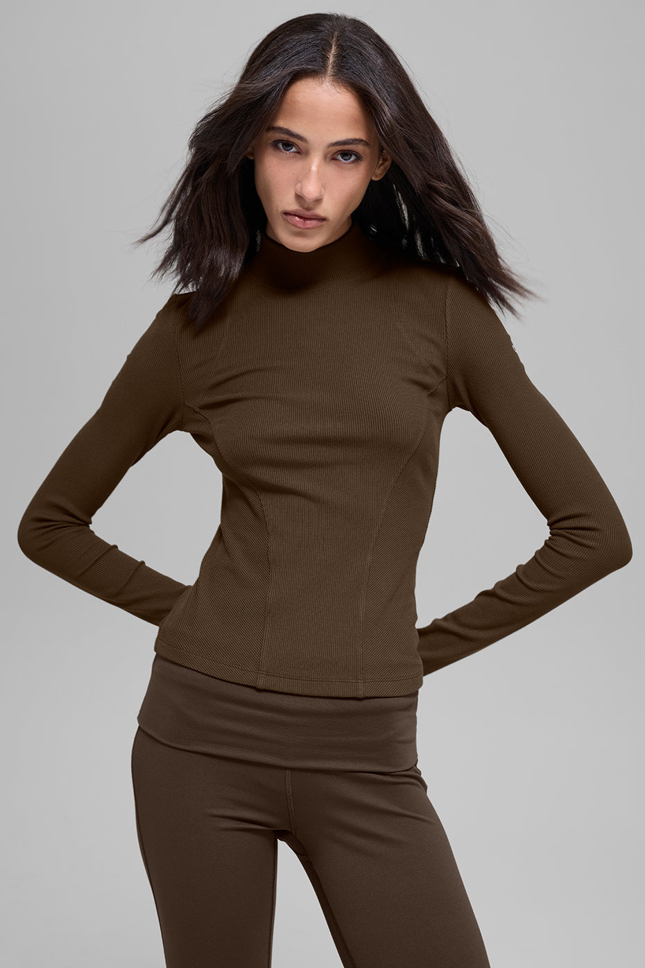 Ribbed Mesmerize Mock Neck Long Sleeve - Espresso — photo 1