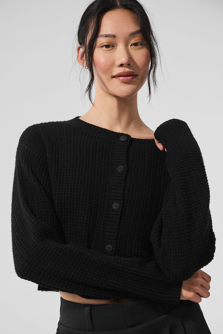Cashmere Plush Waffle Cardigan - Black — photo 1