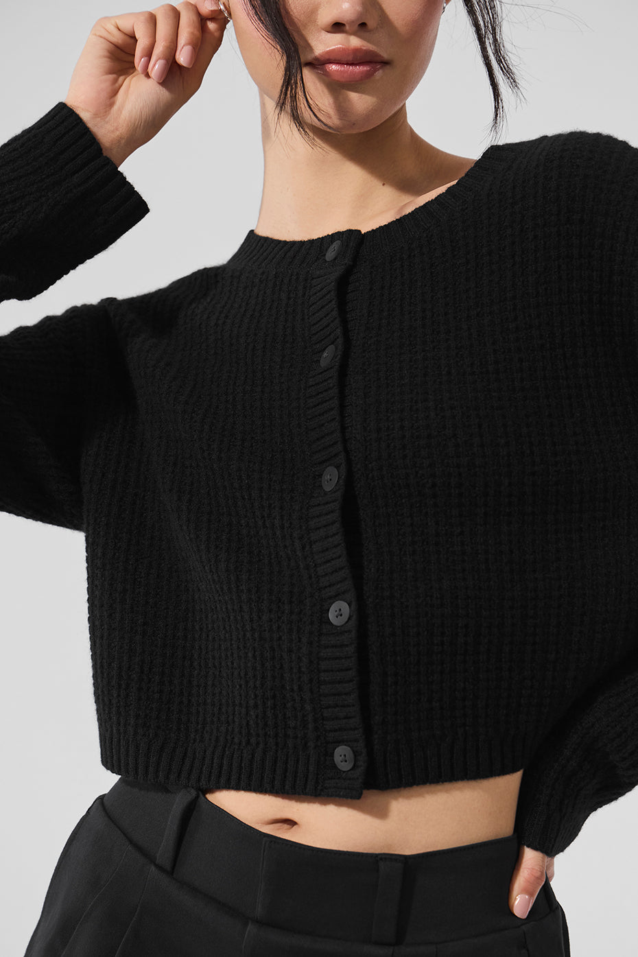 Cashmere Plush Waffle Cardigan - Black — photo 3